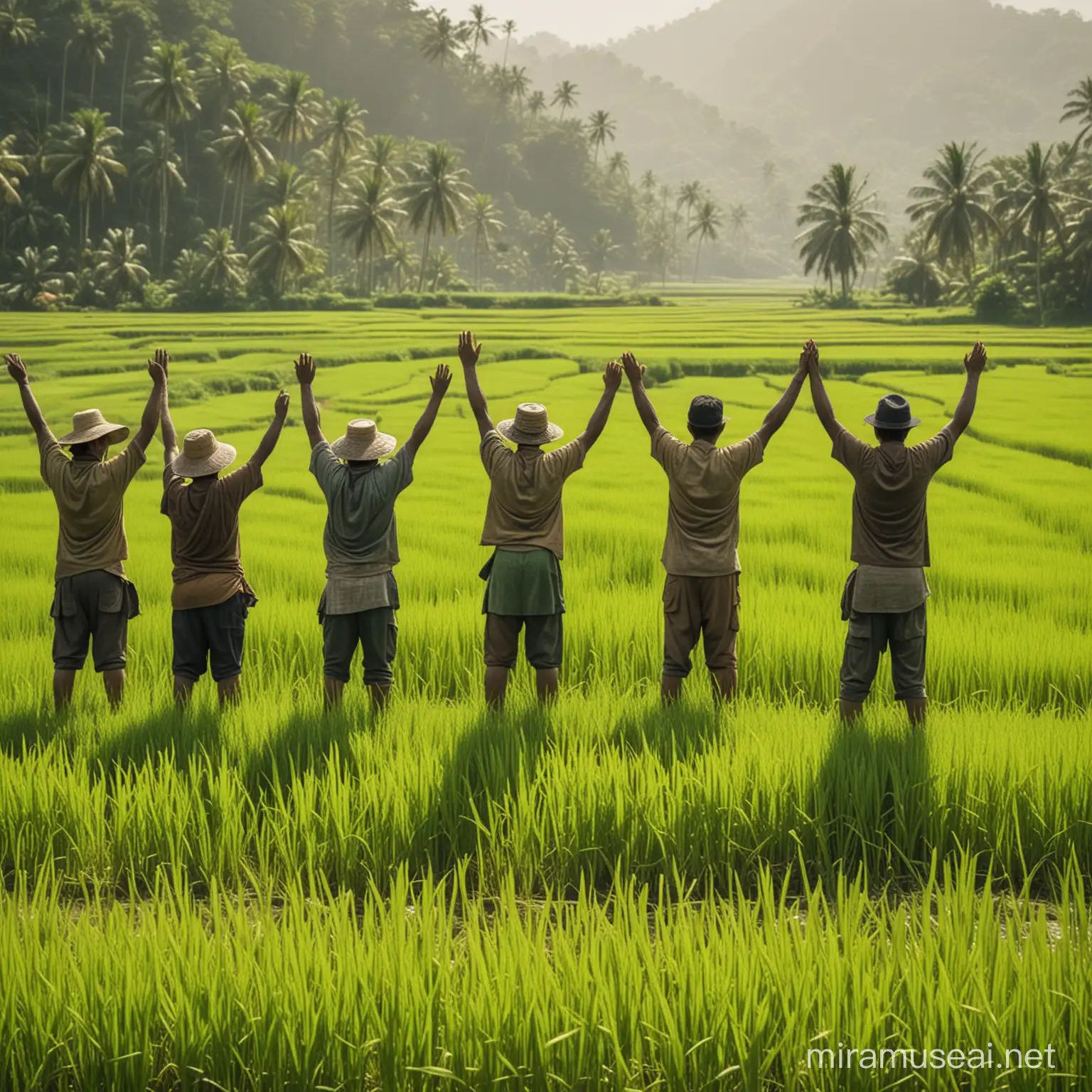 
"Please create an image featuring multiple farmers raising their hands high in determination on a lush green rice field. The farmers are depicted amidst the vibrant greenery of the rice paddies, with their hands raised high, displaying their resolute commitment. The scene evokes a sense of determination and unity among the farmers as they work together in the fertile and refreshing landscape of the rice field."