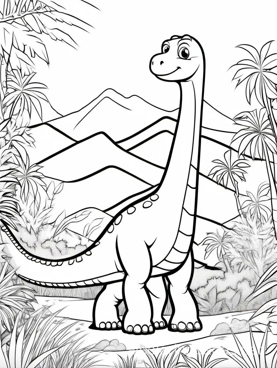 Dinossauro Diplodocus, prehistoric black and white background, coloring page, black and white, line art, white background, simplicity, ample white space. The background of the coloring page is totally white to make it easy for children to color within the lines. The outlines of all subjects are easy to distinguish, making it simple for children to color without too much difficulty. Coloring Page, black and white, line art, white background, Simplicity, Ample White Space. The background of the coloring page is plain white to make it easy for young children to color within the lines. The outlines of all the subjects are easy to distinguish, making it simple for kids to color without too much difficulty