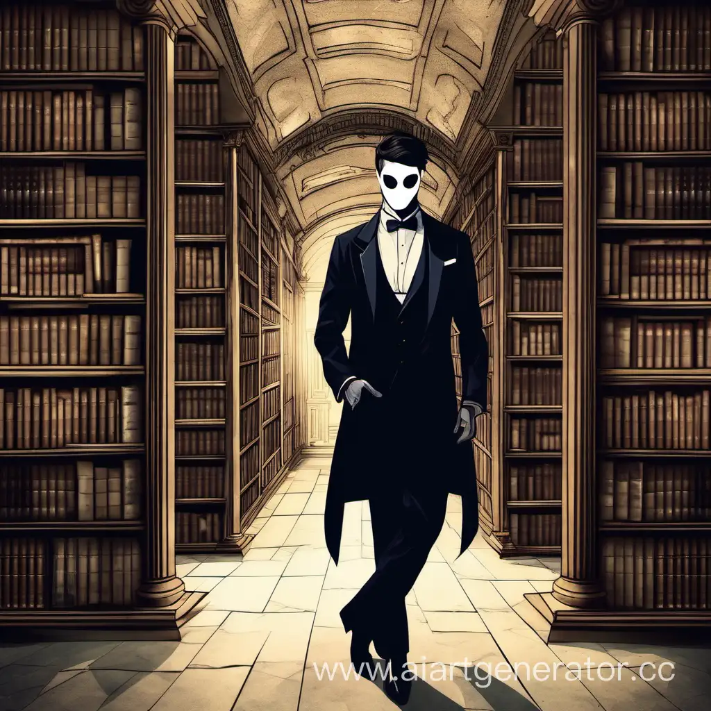 Изображение загадочного мужчины с закрытым лицом в смокинге на фоне старинной библиотеки