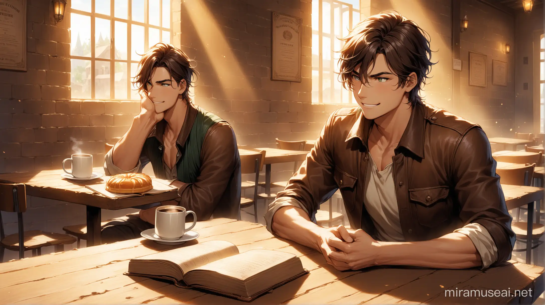 Imagine a sun-drenched coffee shop. Sunlight streams through dusty windows, illuminating worn tables and mismatched chairs. In the foreground, a young man with a calm face (Marcus) sits engrossed in a weathered leather book. Across from him, another young man (Leo) leans forward excitedly, mid-sentence. His grin hints at mischief, and his slightly disheveled hair suggests he rushed in. Marcus listens, a hint of a smile playing on his lips, but a touch of seriousness lingers in his eyes. Between them, two empty mugs and a half-eaten pastry rest on the table. Capture the warmth of their friendship alongside the subtle tension of setting boundaries.