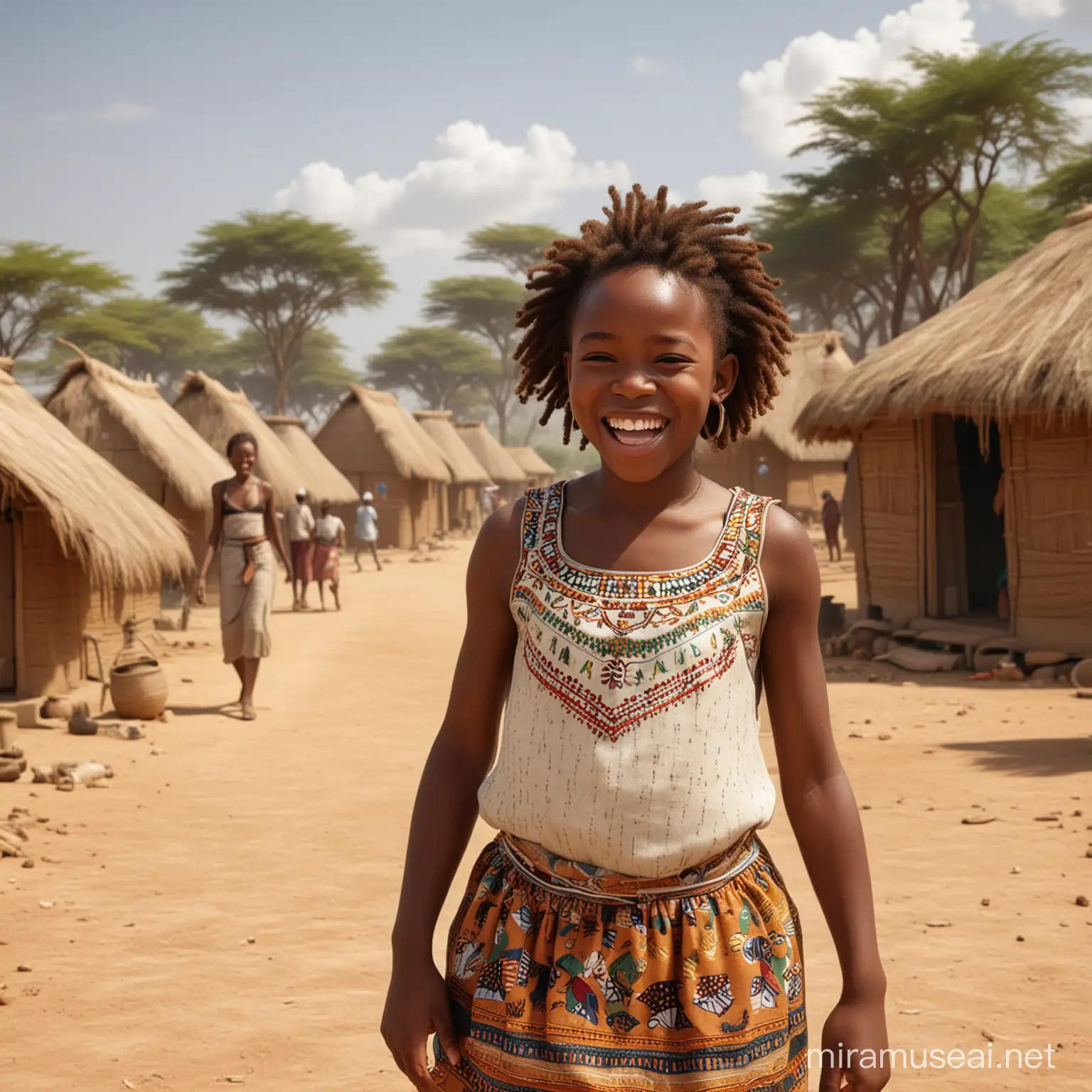 A joyful African girl, in a with traditional huts and villagers in the background, hyper realistic, 4d