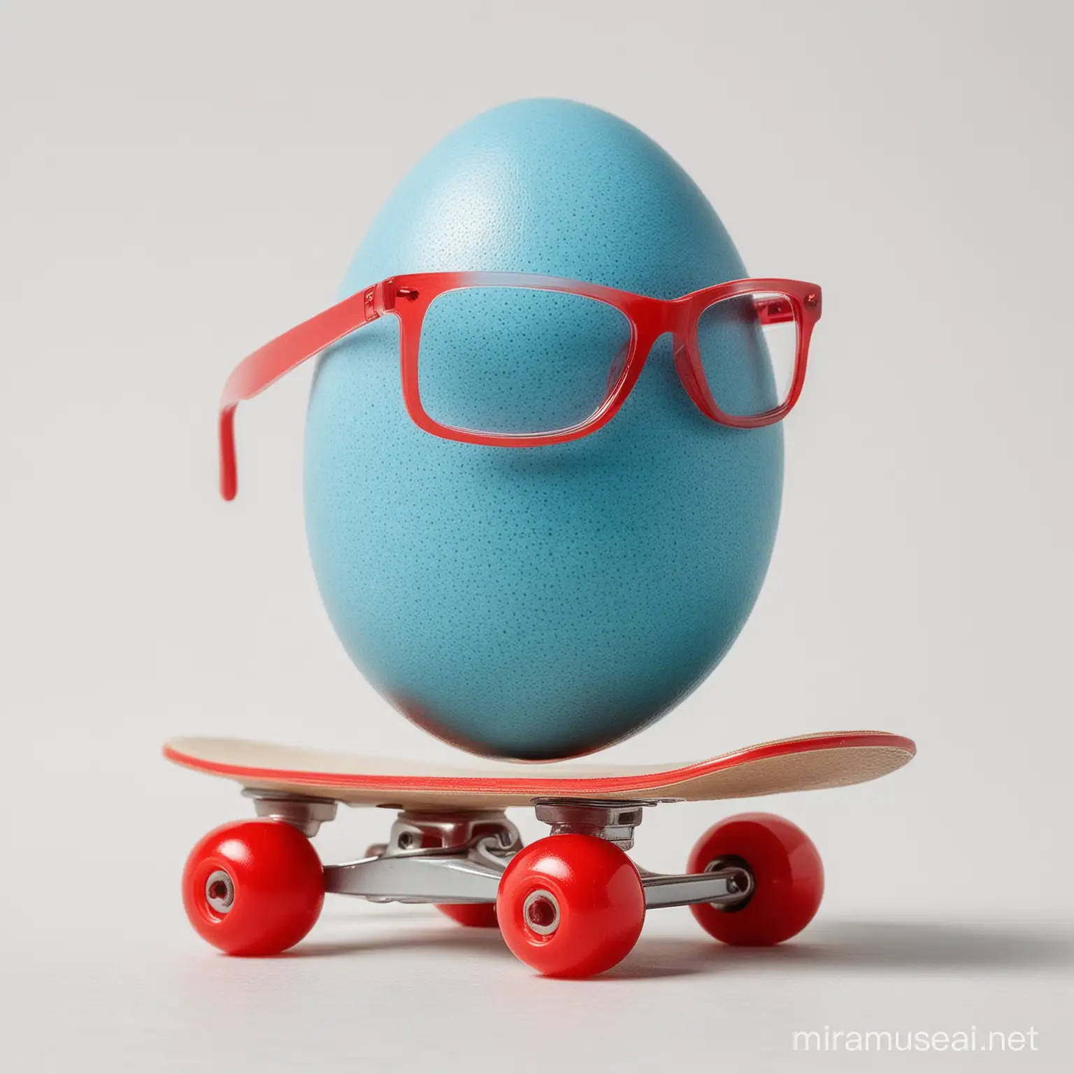 blue egg with red glasses frame (egg must be in vertical position), on a skateboard, white background