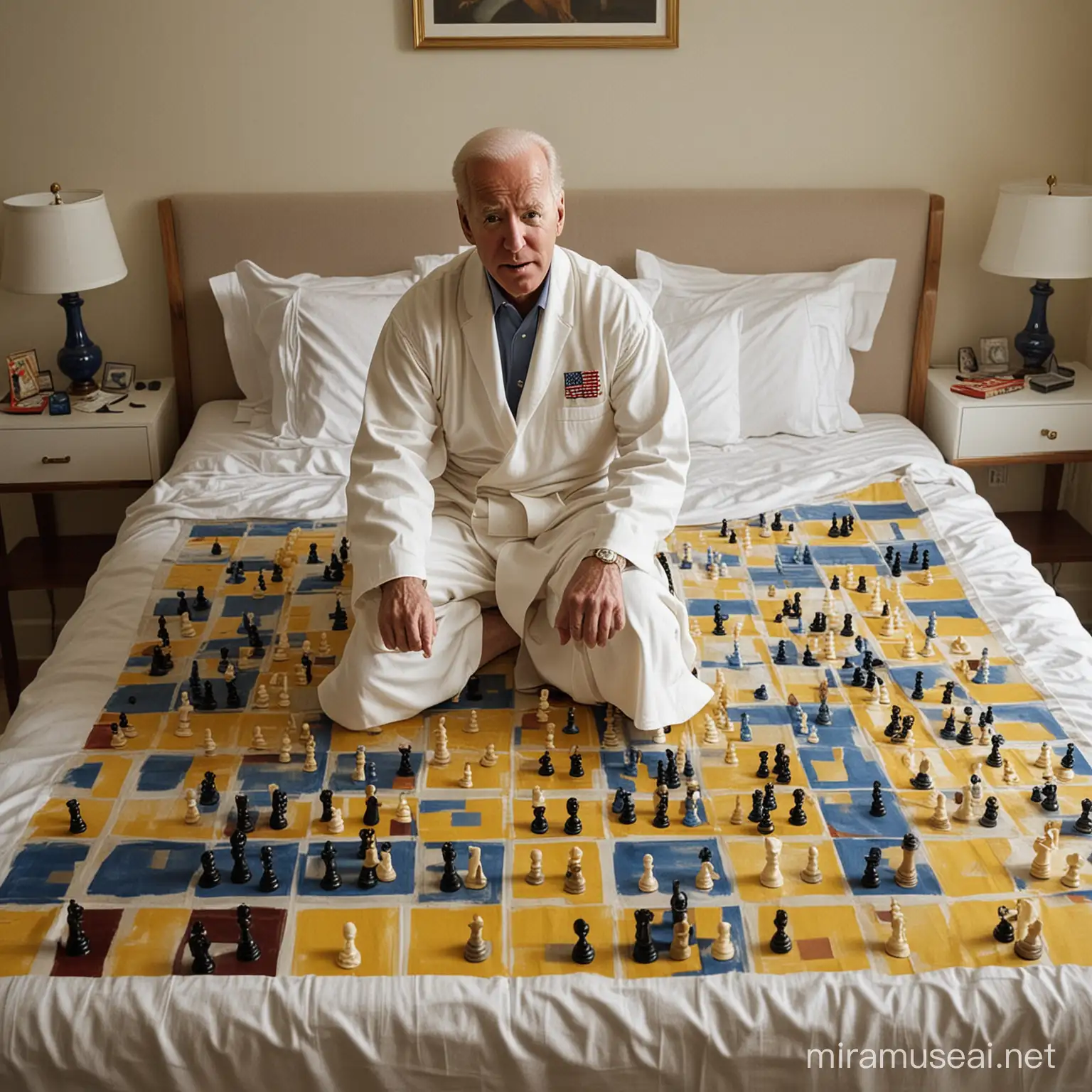 При неярком свете на широкой кровати на простыне, раскрашенной в  Американский  флаг, с калькулятором в руках Джо Байден в халате   играет в шахматы на доске  с желтыми и голубыми  клетками размером 25 на 25 клеток