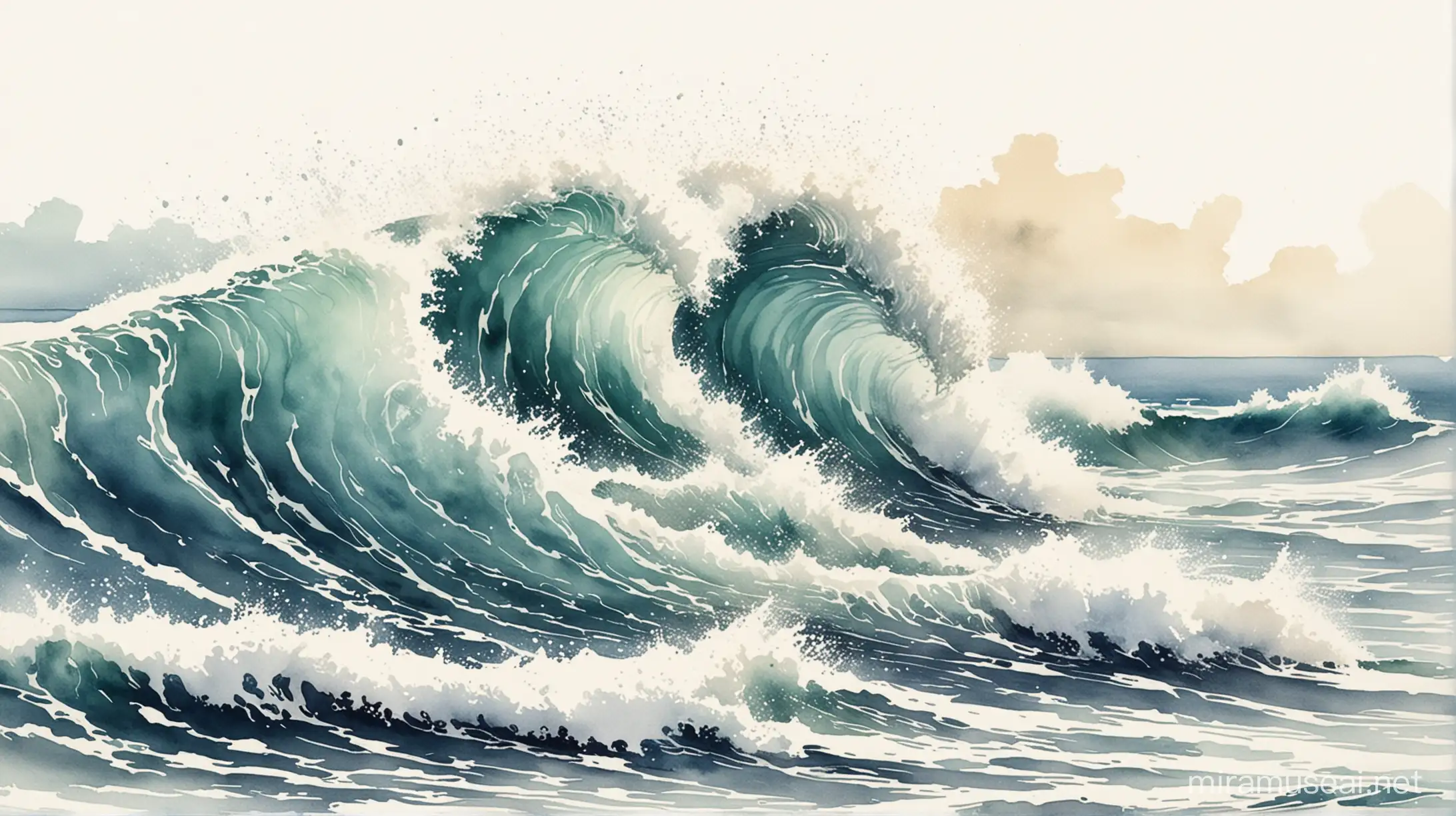 Retro Watercolor Painting of Breaking Sea Wave on White Background
