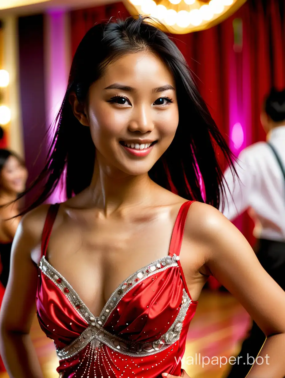 A detailed photograph of a beautiful 25 year old Asian girl with straight hair, looking directly at the camera with a gentle smile, slim face, she is dancing the Salsa in a ballroom dress, 33B bra size