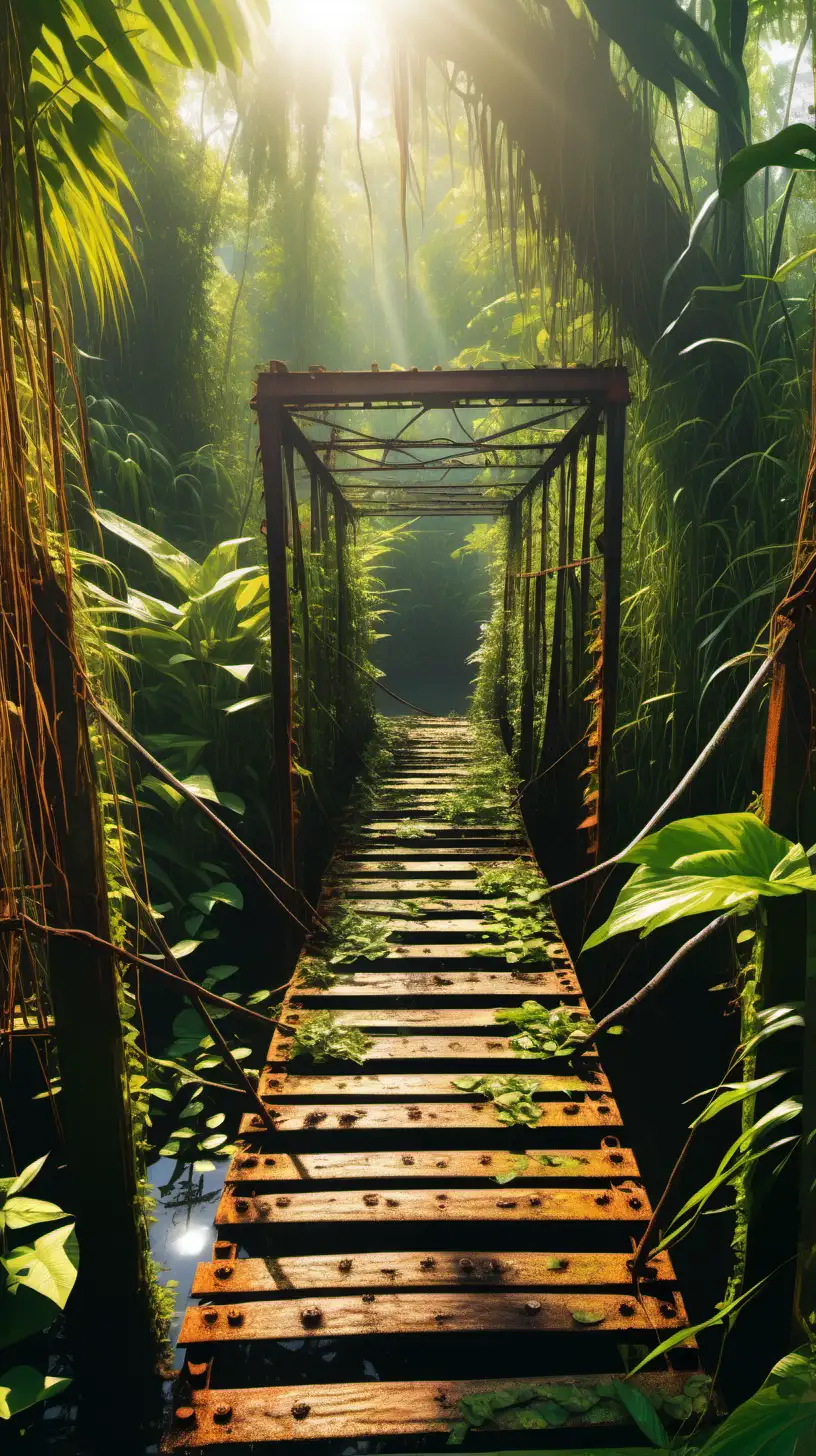 OLD RUSTY BRIDGE INFESTED WITH GARDEN PLANTS, LEFT-HAND SIDE, JUNGLE, ANACONDA IN MUSKY SWAMP WATER, GOLDEN SUNLIGHT