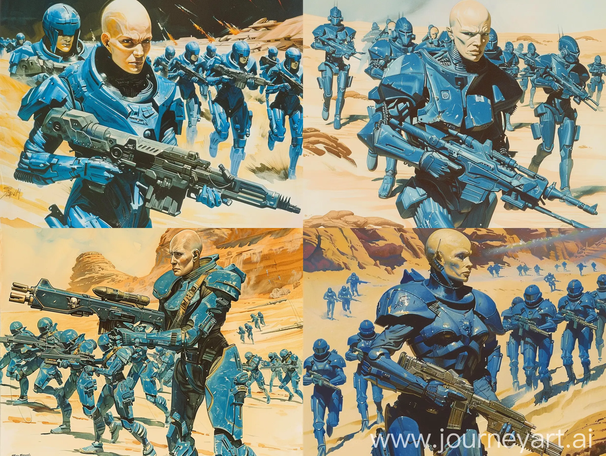 Old concept art of a tall pale bald woman(rectangular face shape) wearing a suit of blue plated space marine armor and holding a futuristic metal rifle leading a group of blue armored female troopers through a desert battlefield scene painted by Ralph McQuarrie. retro science fiction art style

