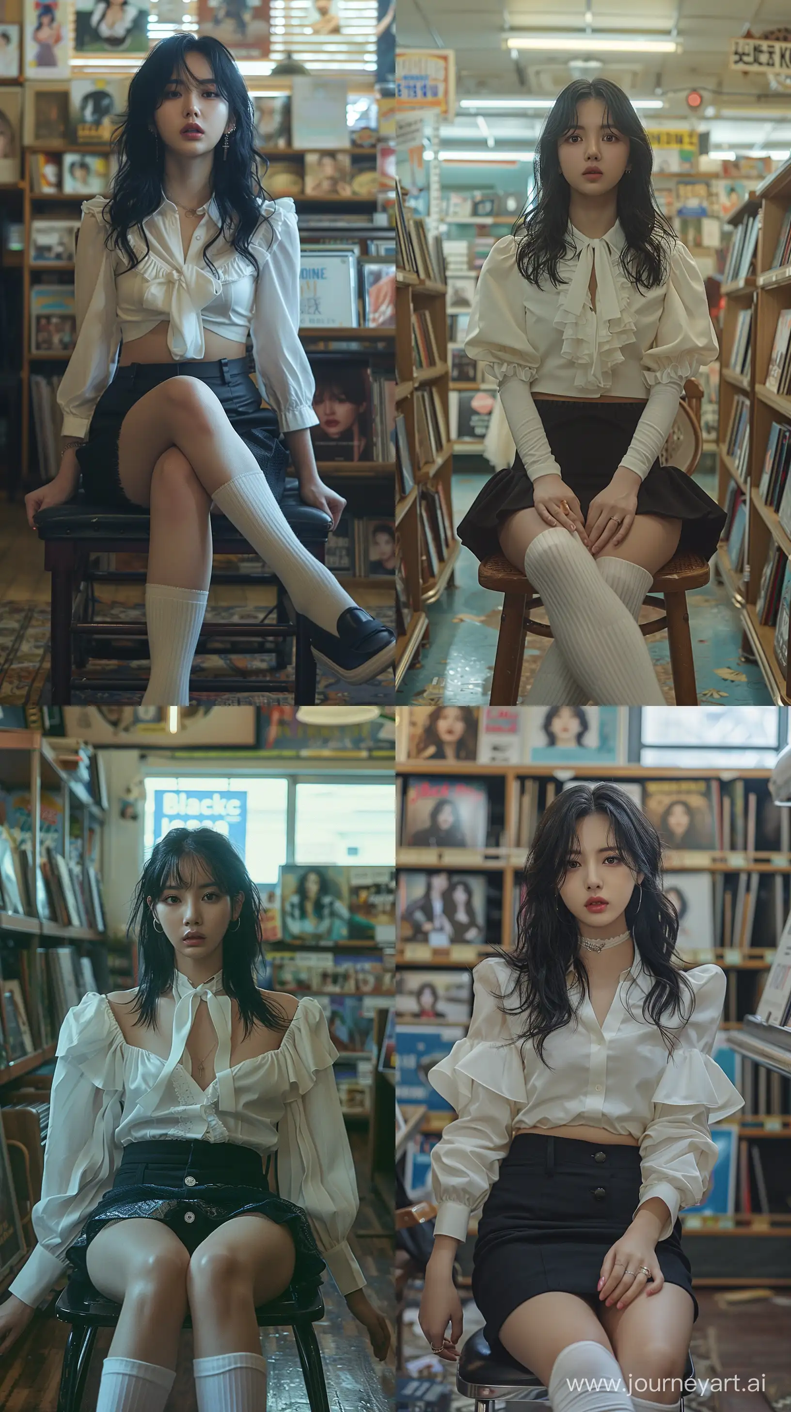 a photo of blackpink's jennie ,wearing white blouse and black short skirt with black loafers shoes, white socks, face featured of blackpink's jennie ,sit on chair in album store ,bared face, black hair,bella kotak,light beige and blue, --ar 9:16 --stylize 750