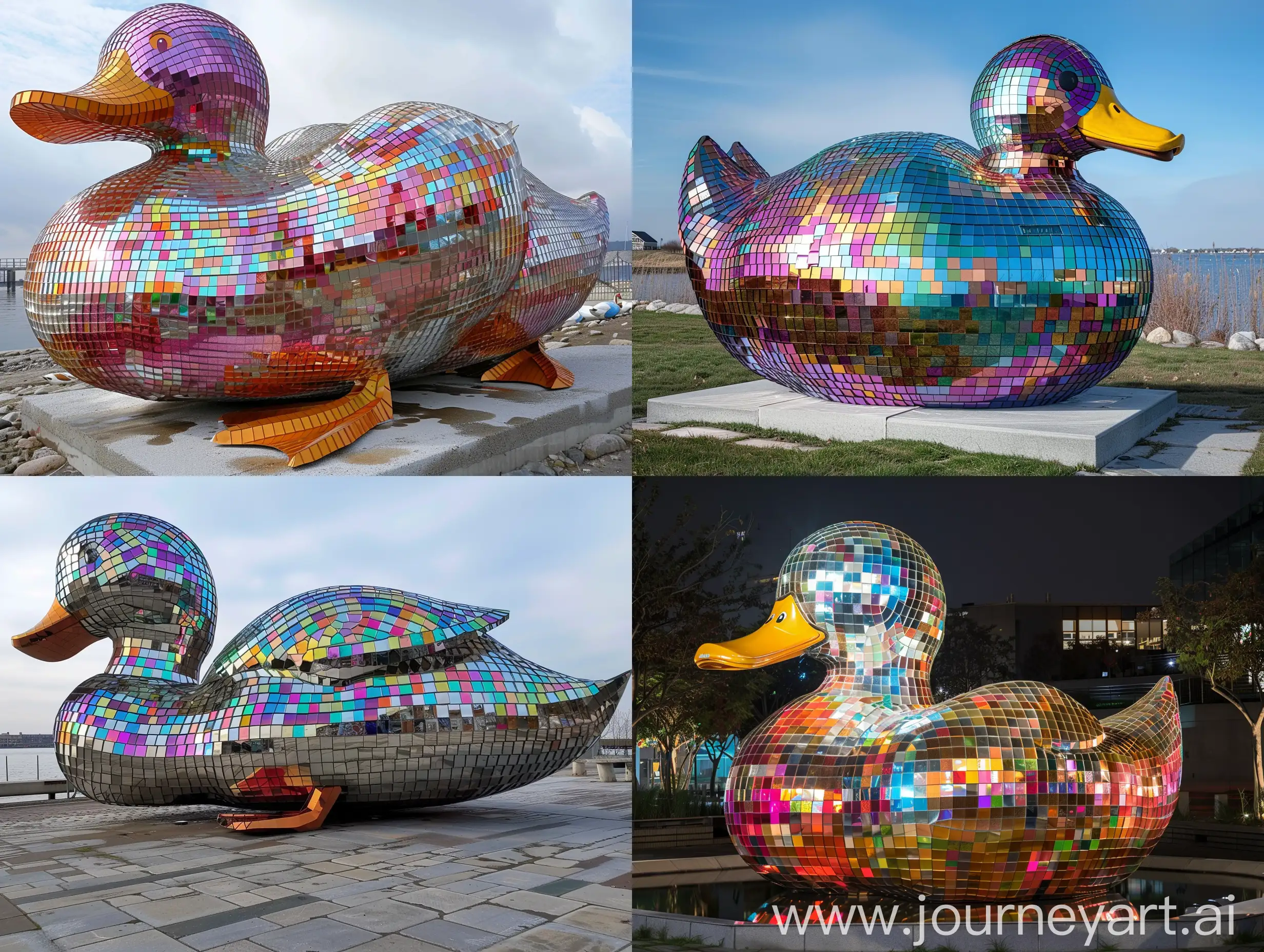 Big Duck sculpture covered like discoball
