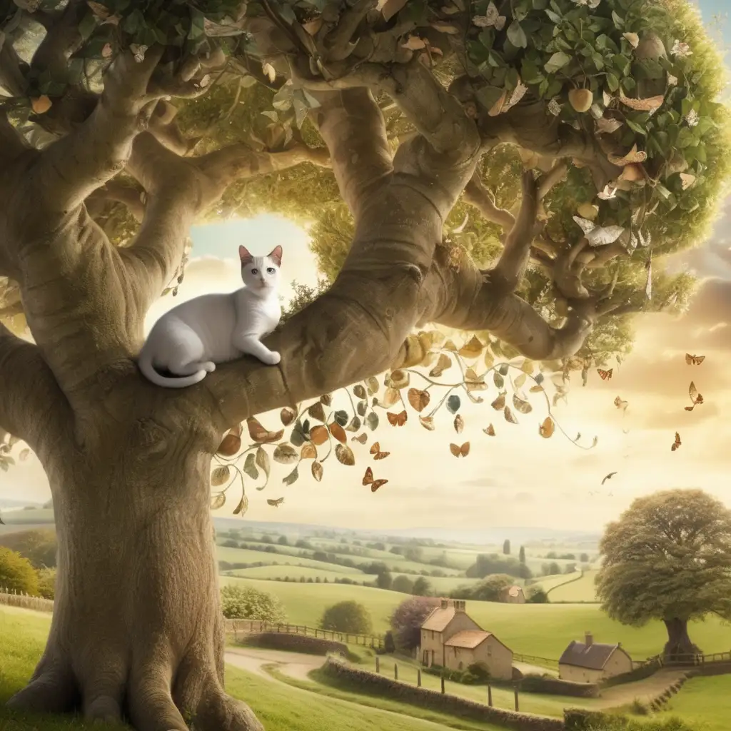 Graceful Cat Perched on the Tree of Life Along a Picturesque Country Lane