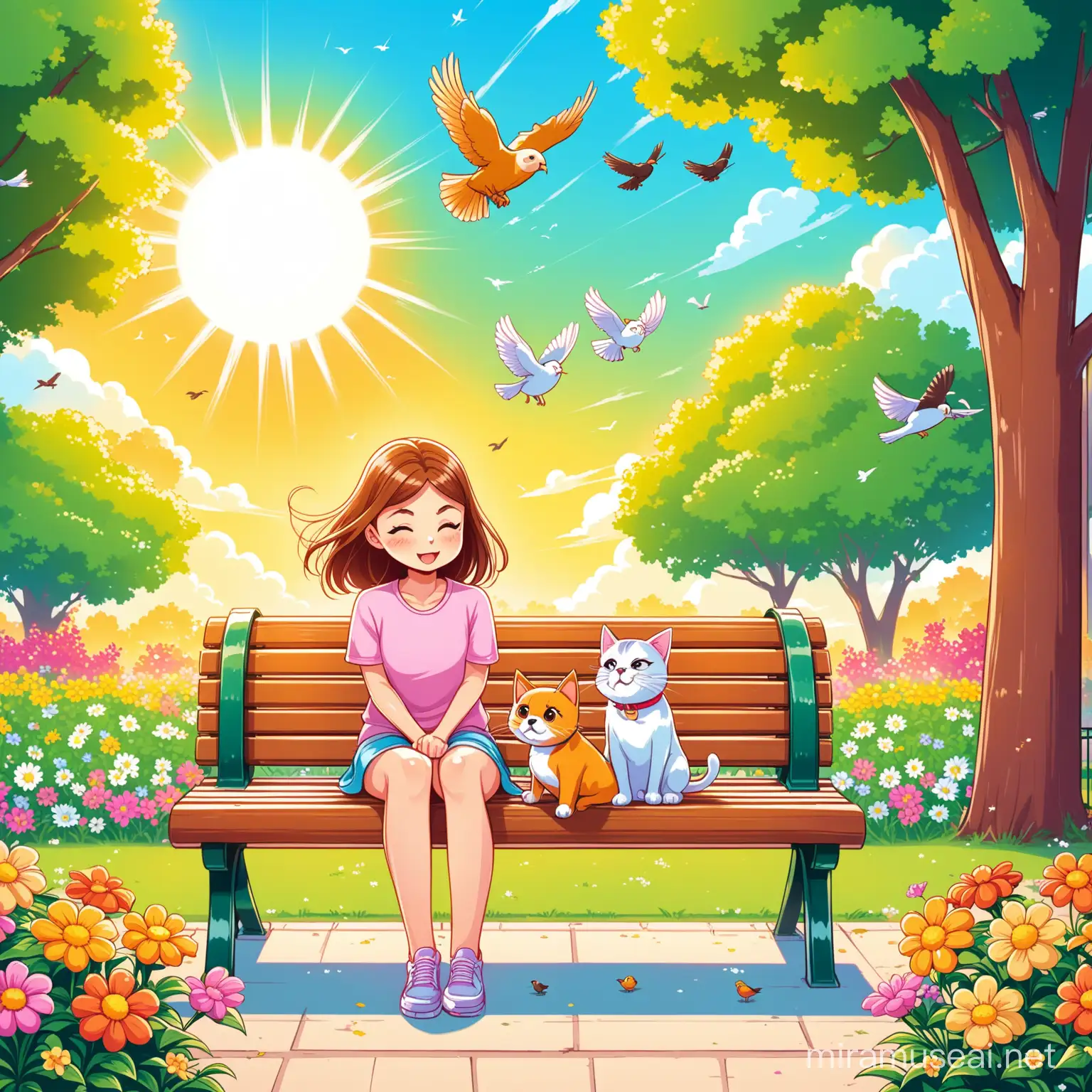 Girl with Dog Watching Cat Fight in Vibrant Park Scene