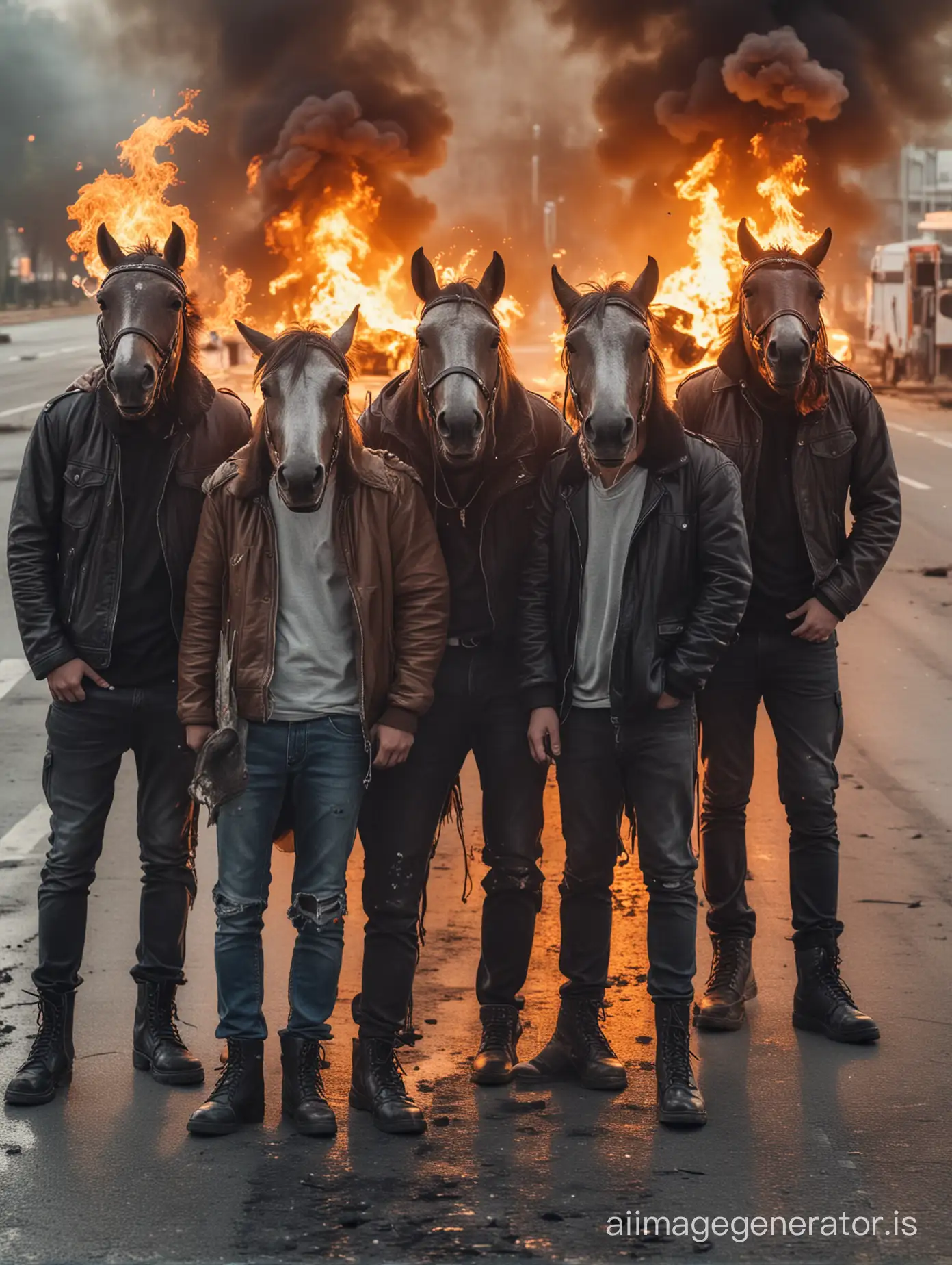 hooligans with horse heads, look at camera holding flares at th middle of road with burning tires