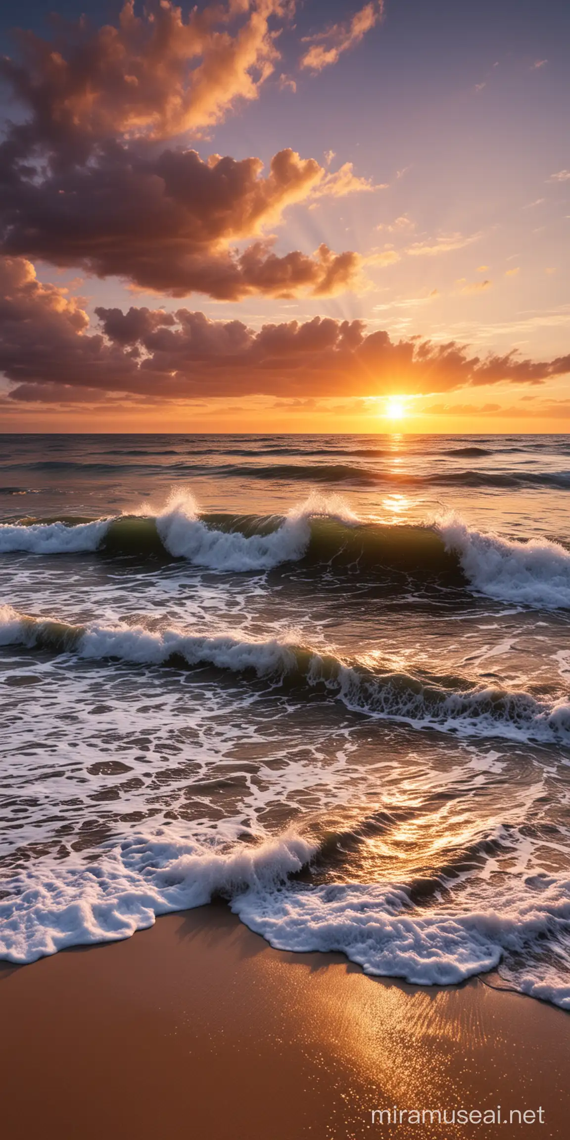 一张构思完美的风景图，傍晚海浪冲到沙滩上，夕阳西下，天上的晚霞好漂亮。
