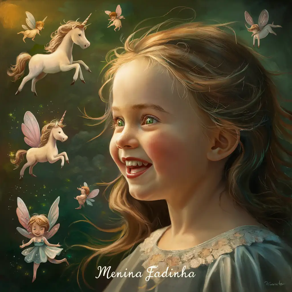 Smiling Fairy Girl with Open Green Eyes Painting in Tarsila do Amaral Style Surrounded by Unicorns and Fairies