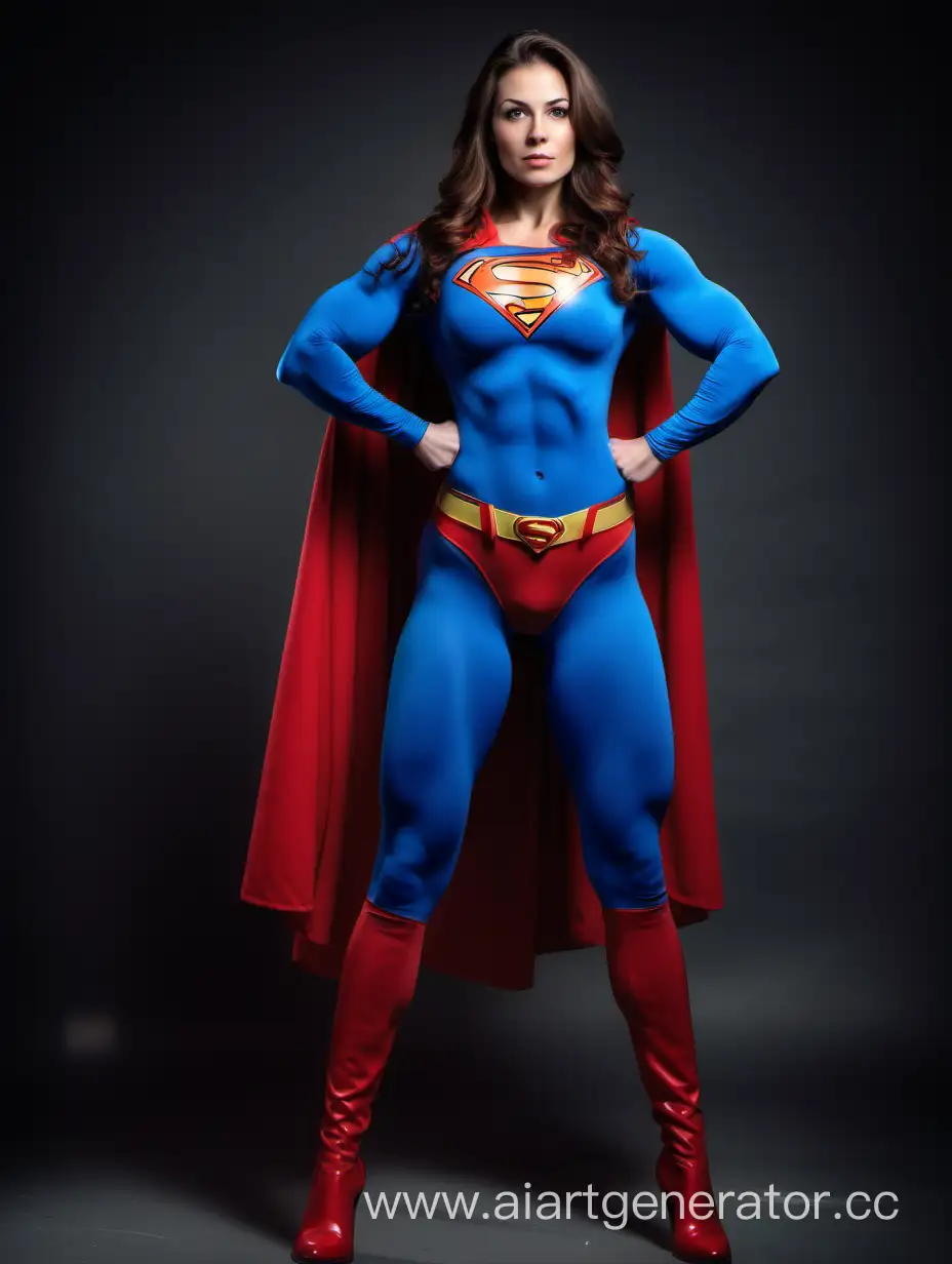 A pretty woman with brown hair, age 27. She is confident and strong. She is extremely muscular. Her arm muscles are over overdeveloped. Her leg muscles are over overdeveloped. Her chest muscles are over overdeveloped. Her abdominal muscles are over overdeveloped. She is wearing a Superman costume with (blue leggings), blue long sleeves, red briefs, red boots, and a long flowing cape. She is posed like a superhero, strong and powerful. Enormous muscles expand beneath her costume. 
Bright photo studio.