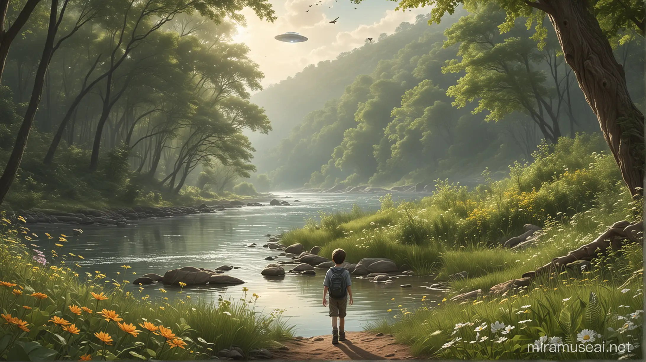 Could you please generate illustrations/photos to accompany a story about a boy named Tom who goes on a nature hike with his mother? Alien UFO, The story emphasizes the beauty and importance of nature, with scenes including trees, flowers, insects, a river, and the boy's exploration and learning experiences