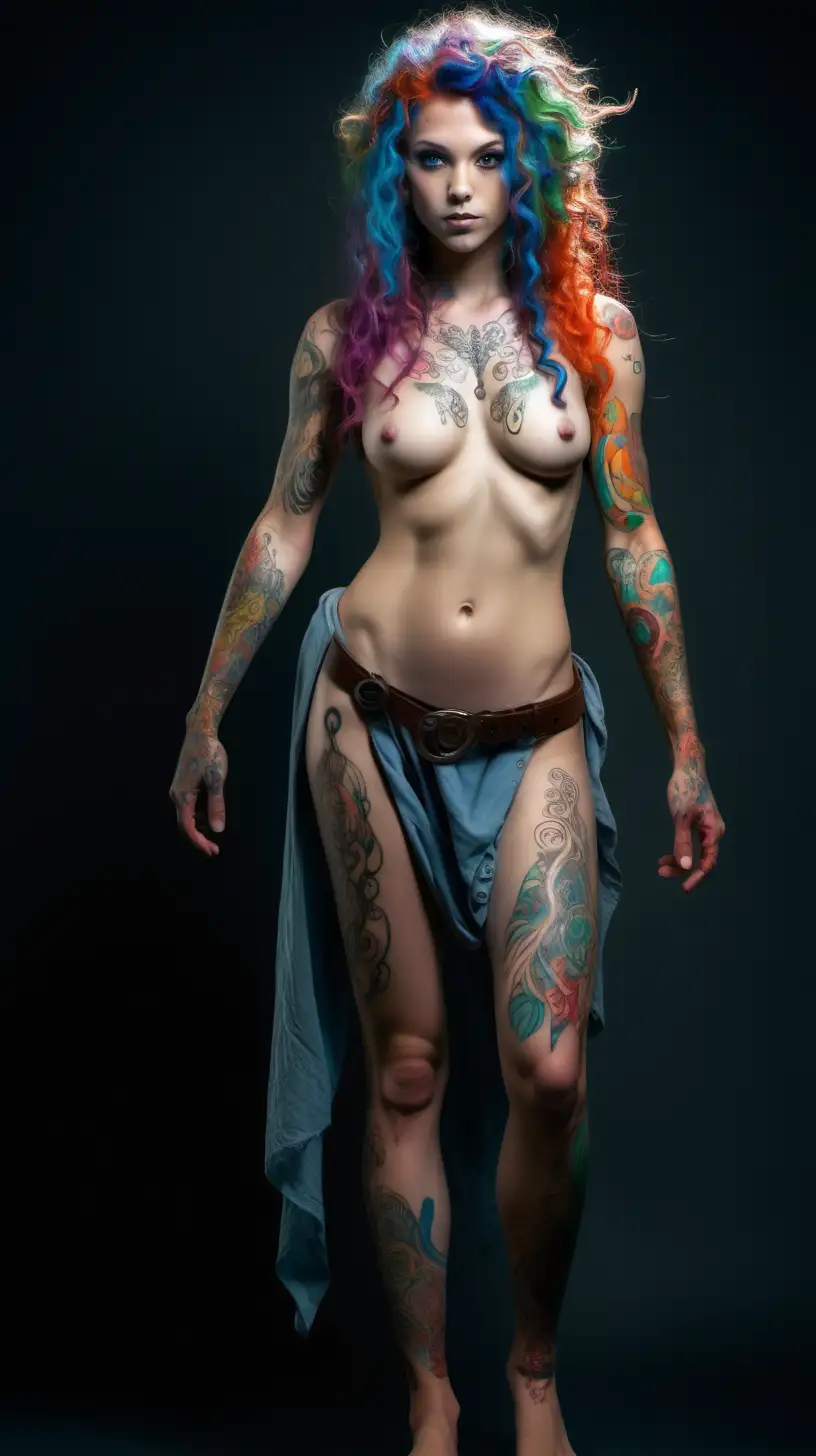 Full body pretty muscular naked elven girl with curly pubic hair, long colorful messy hair, colorful tattoos 