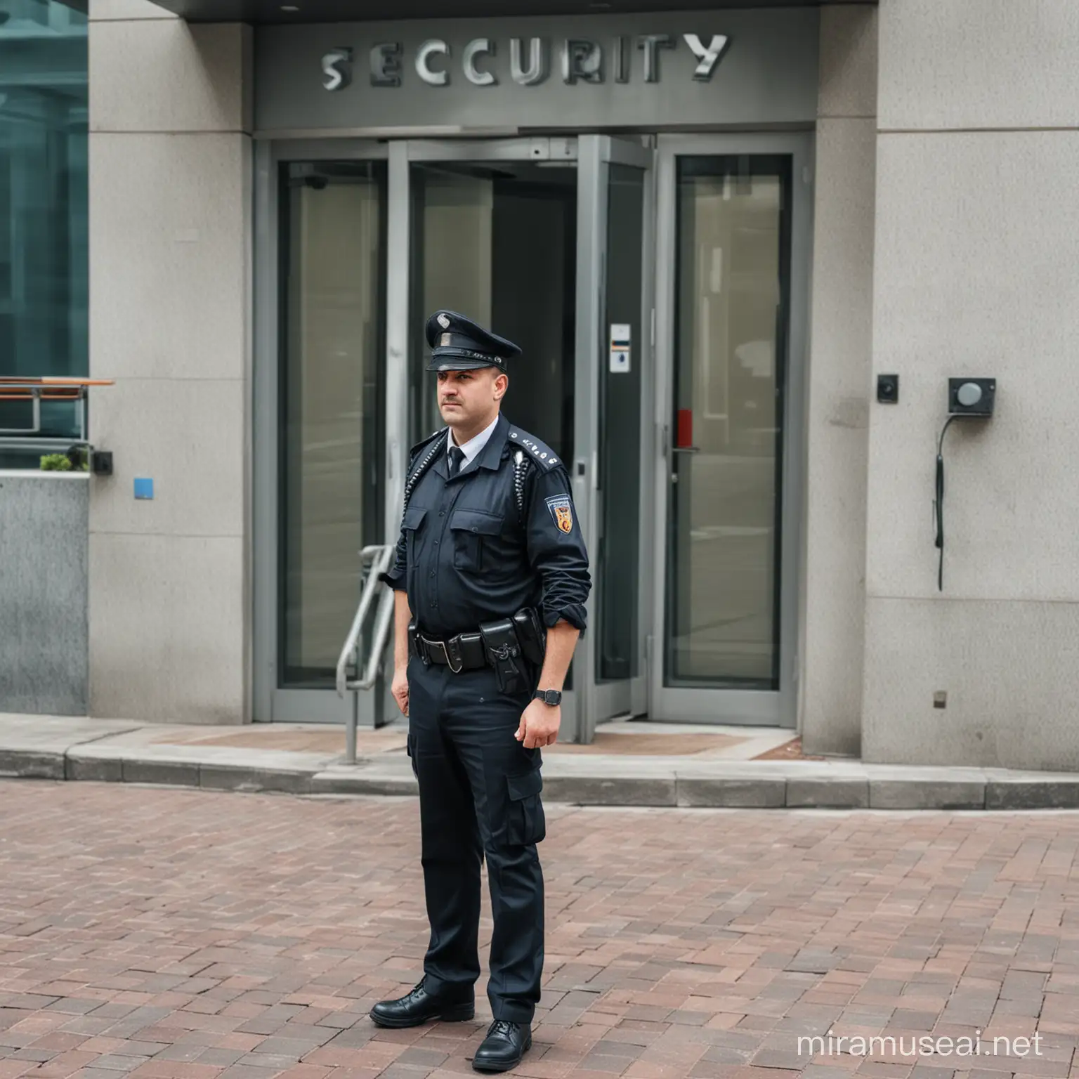Guardia de seguridad protegiendo entrada y salida de personal de una empresa importante
