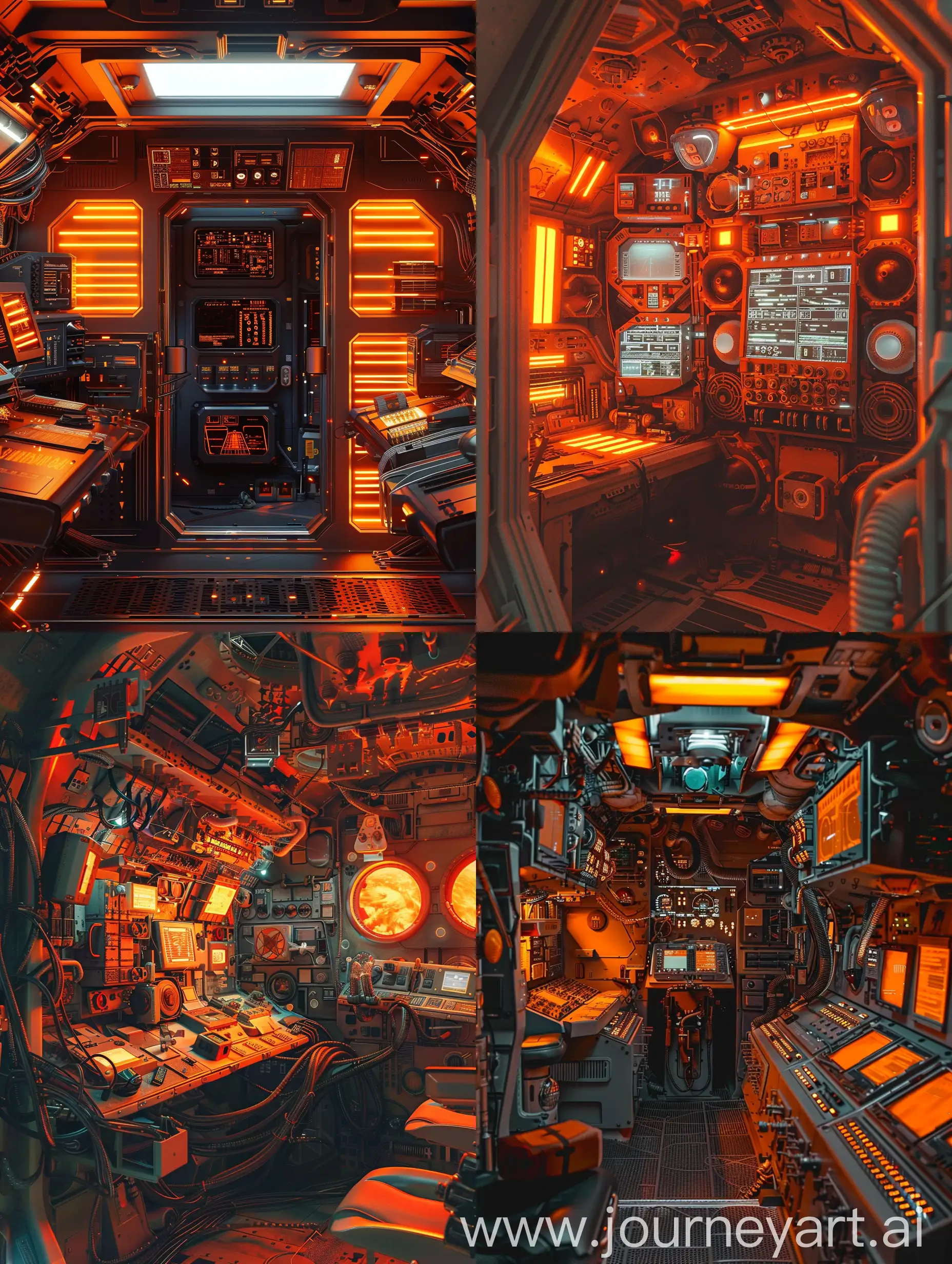 Space ship's cabin in retrofuturism style. A lot of orange light and complex devices