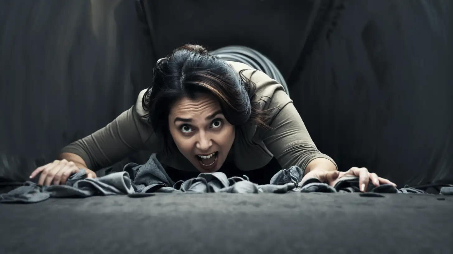 a creepy woman crawling out of piles of laundry, and the background looks like a dark horror hole