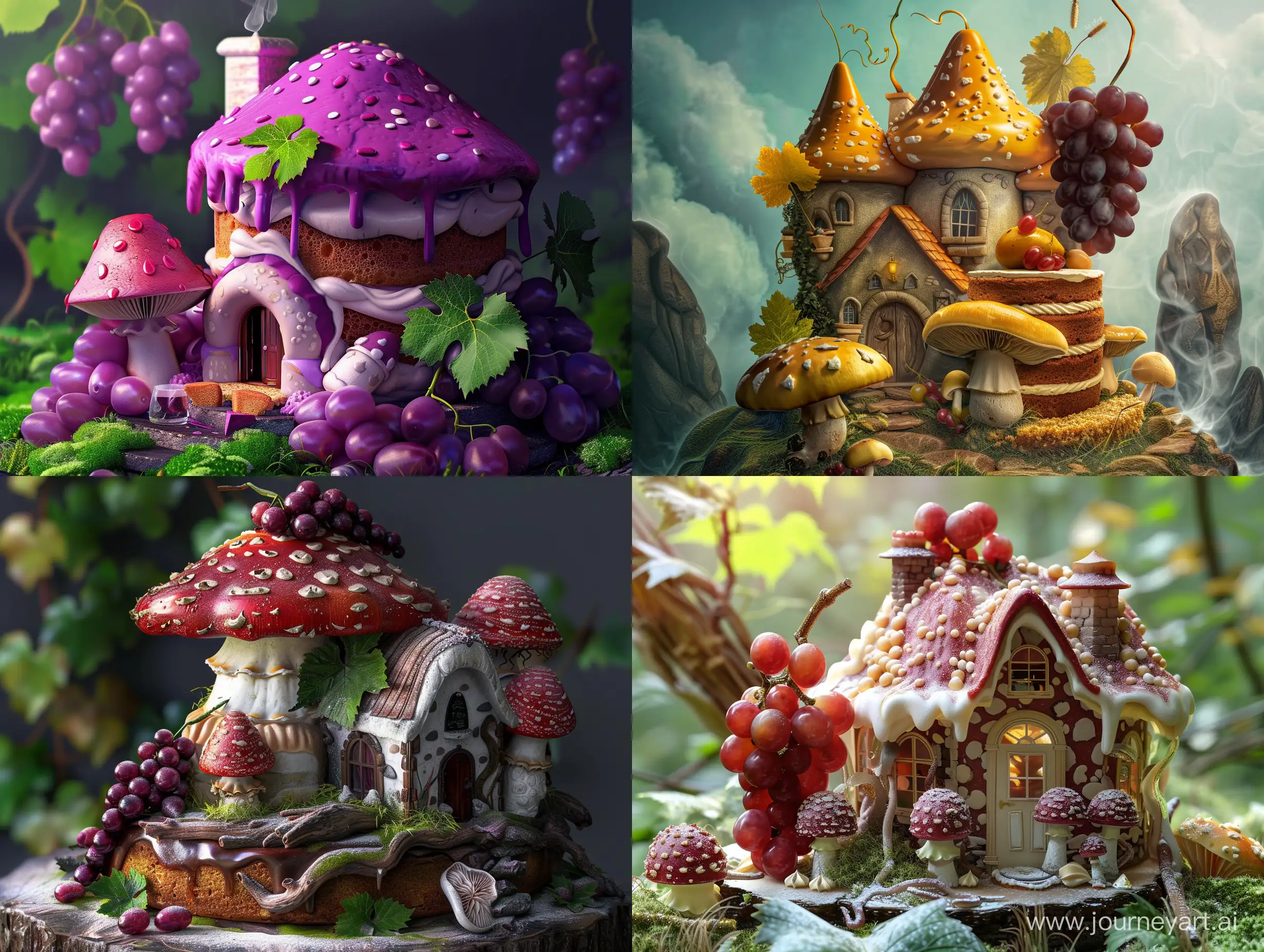 if a delicious grape and mushroom and cake and house merged together, fantasy style, realistic --v 6 --ar 4:3 --no 35831