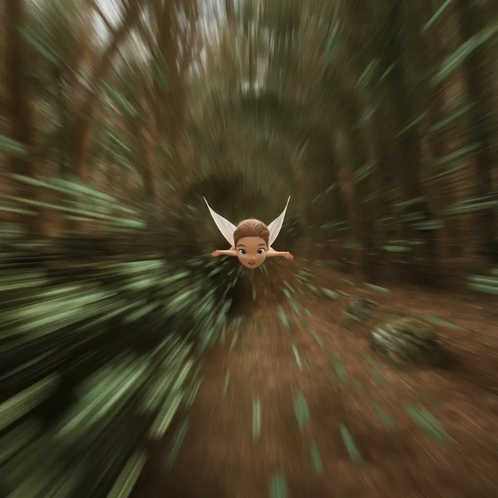 First person view, High speed movement, moving forward, Motion Blur, fast flight of a little fairy through the forest thickets and pouring on the branches, flying at high speed, POV, very high speed, focus on the fairy's head, flight, realistic 3D film style, clarity, high detail, low depth of field