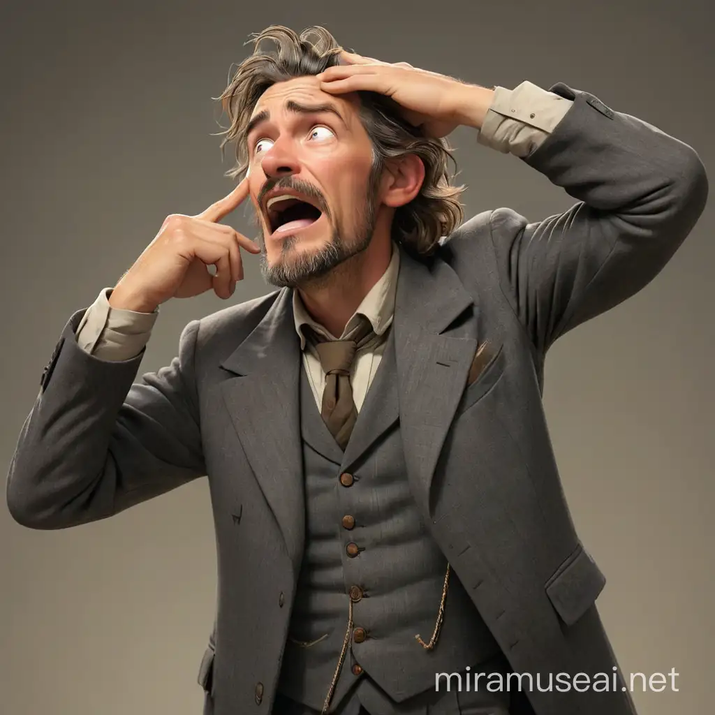 A homeless man in a late 19th century style suit has his arm raised high, bent and scratching the top of his head, his mouth open, he is thinking about something. We see his hands in full. In realism style, 3D animation.
