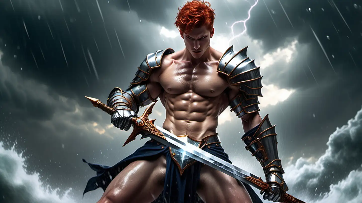 Handsome male knight redhead  glasses stubbles short hair shirtless show hairy chest show abs show legs oiled up very sweaty holding up his Power Sword silver gauntlets leg armor amber crystal in the storm
