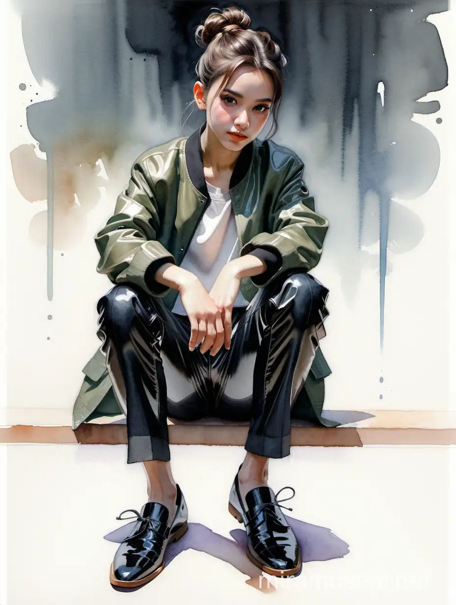 Alex Maleev watercolor art of pale smirking pretty young boy nezha with double side bun hair wearing loose jacket and tight shiny leather pants and flat leather pumps sitting, big black eyes, no distortion, insanely high quality, insanely high detail, gray palette, seen from below