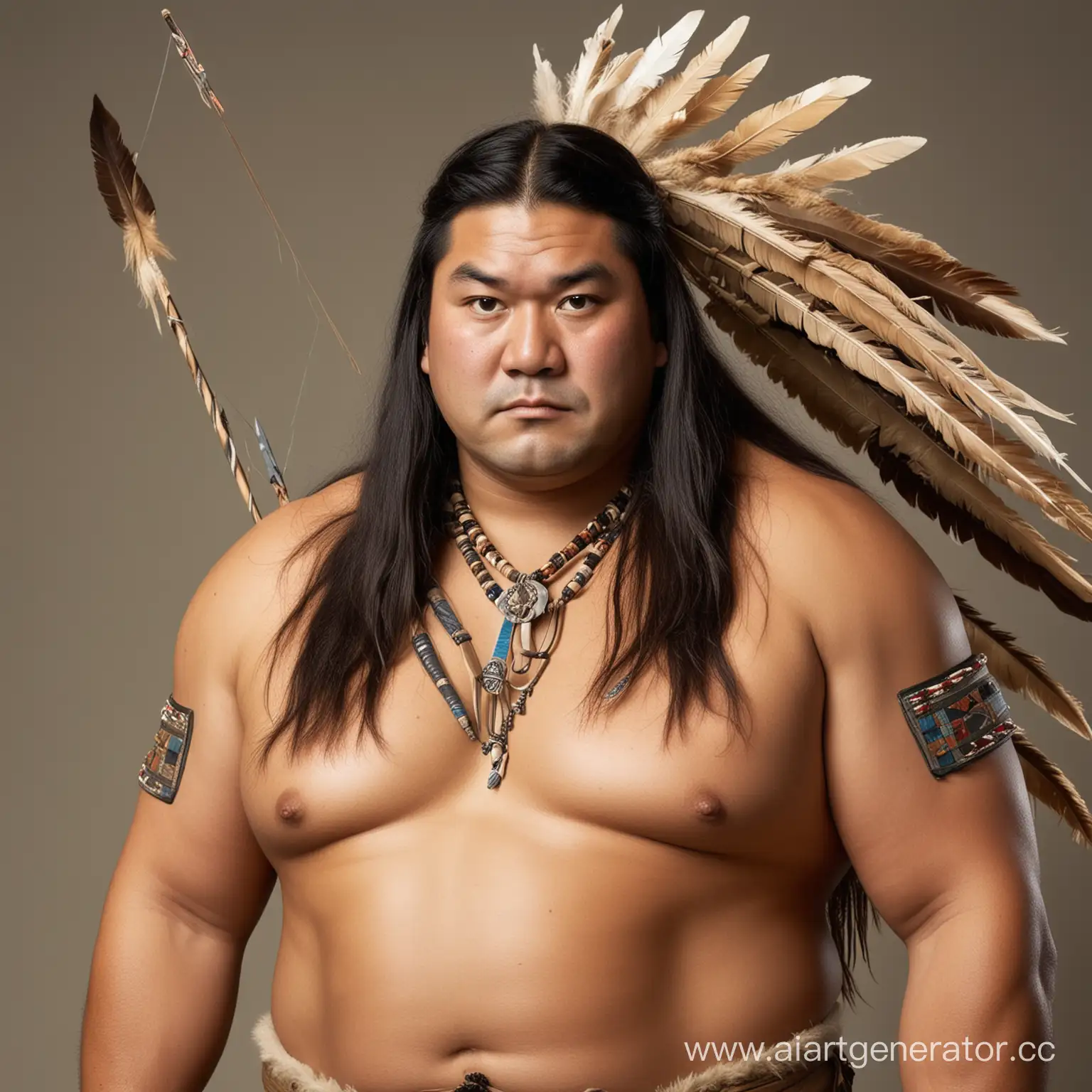 LongHaired-Sumo-Wrestler-Dressed-as-Native-American-Warrior-with-Bow-and-Arrows