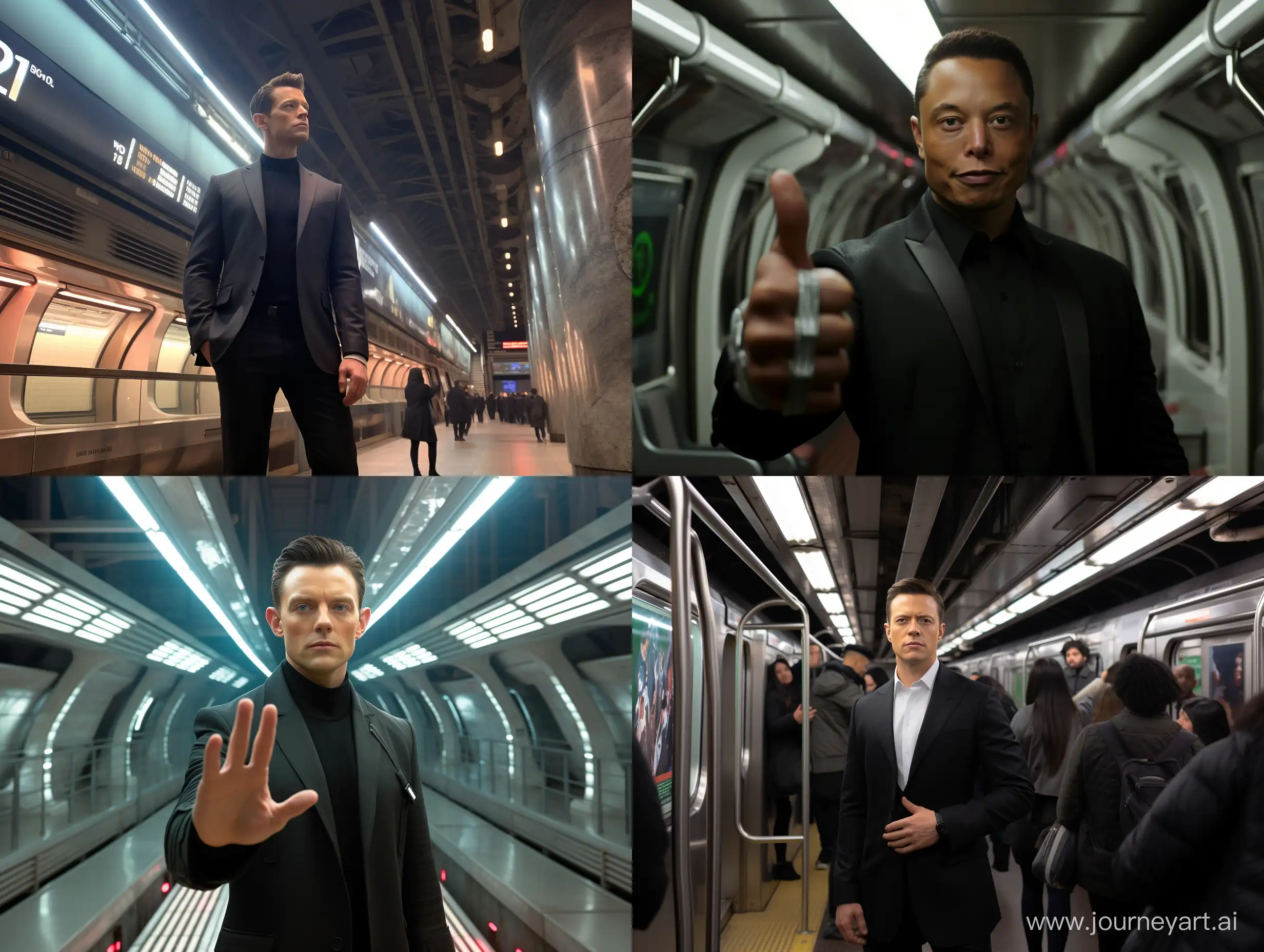 Elon Musk in the image of Neo stands in the subway and holds his hands like Jobs photorealism