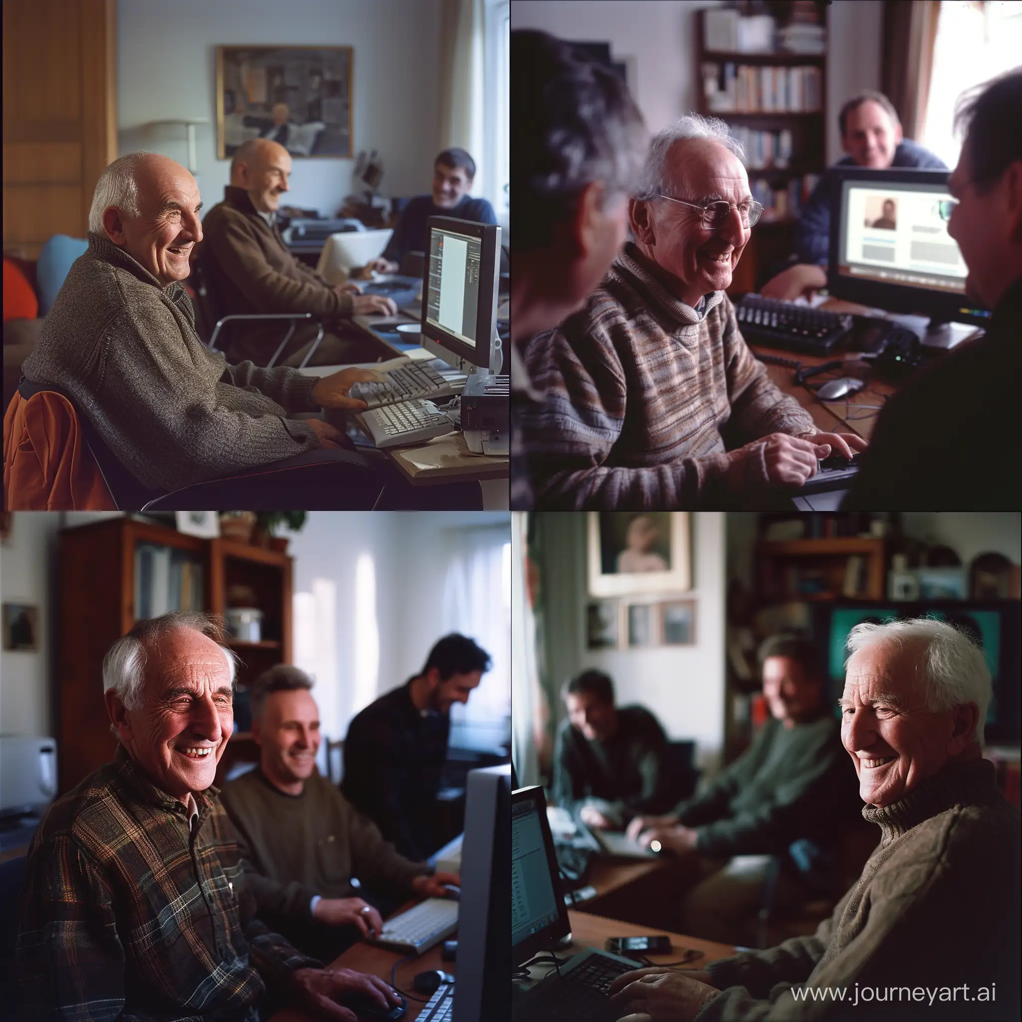 older man smiling while two men are using computers in their living room, in the style of canon ts-e 17mm f/4l tilt-shift, #screenshotsaturday, 20th century scandinavian style, photo taken with provia, humanistic empathy, neo-dadaist, glorious