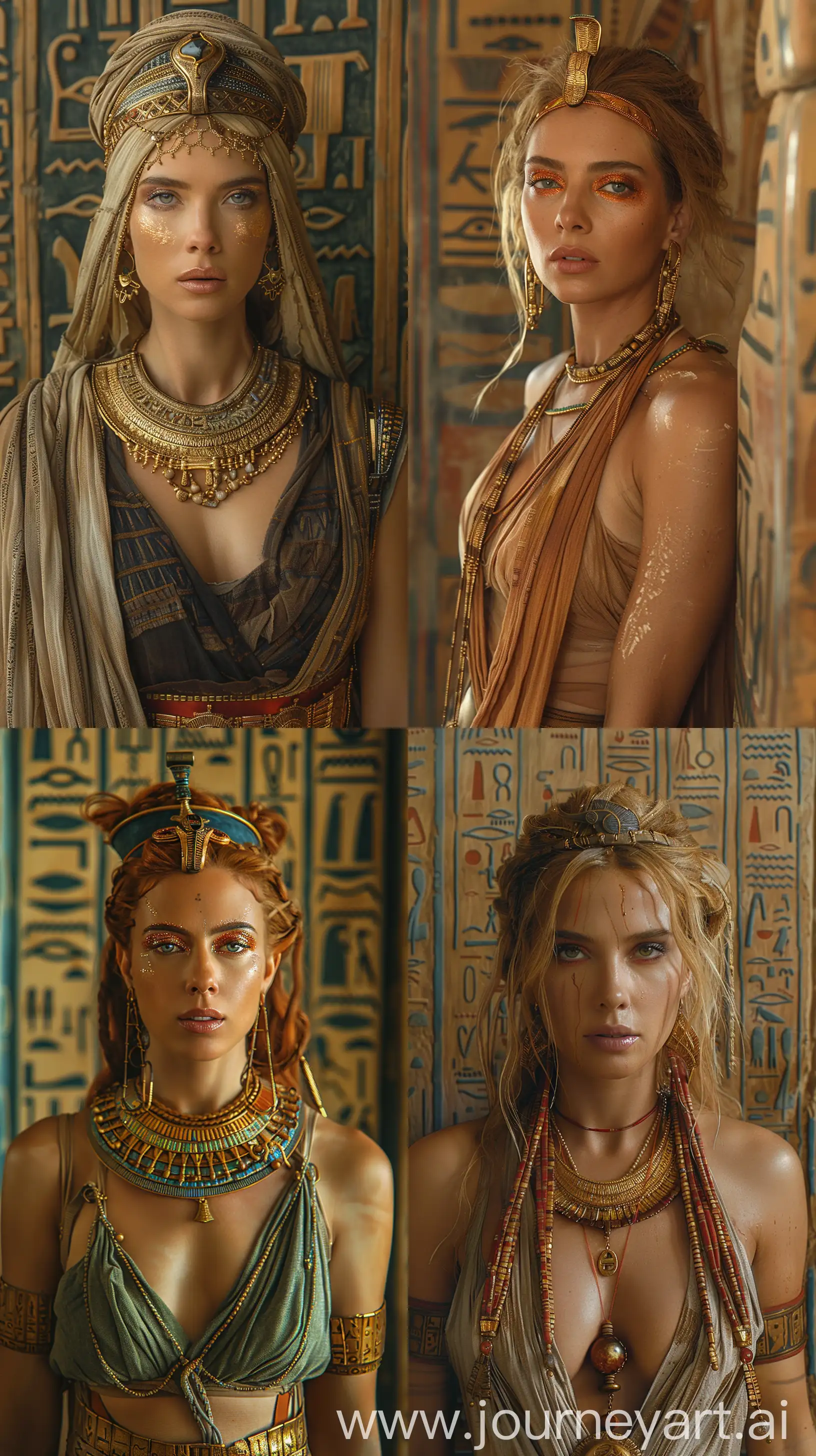 Scarlett Johansson portrayed as a regal Egyptian queen, adorned with ornate gold jewelry, dramatic eye makeup characteristic of Ancient Egypt, set against hieroglyph-adorned walls, stylized oil painting --ar 9:16 --s 750 --v 6