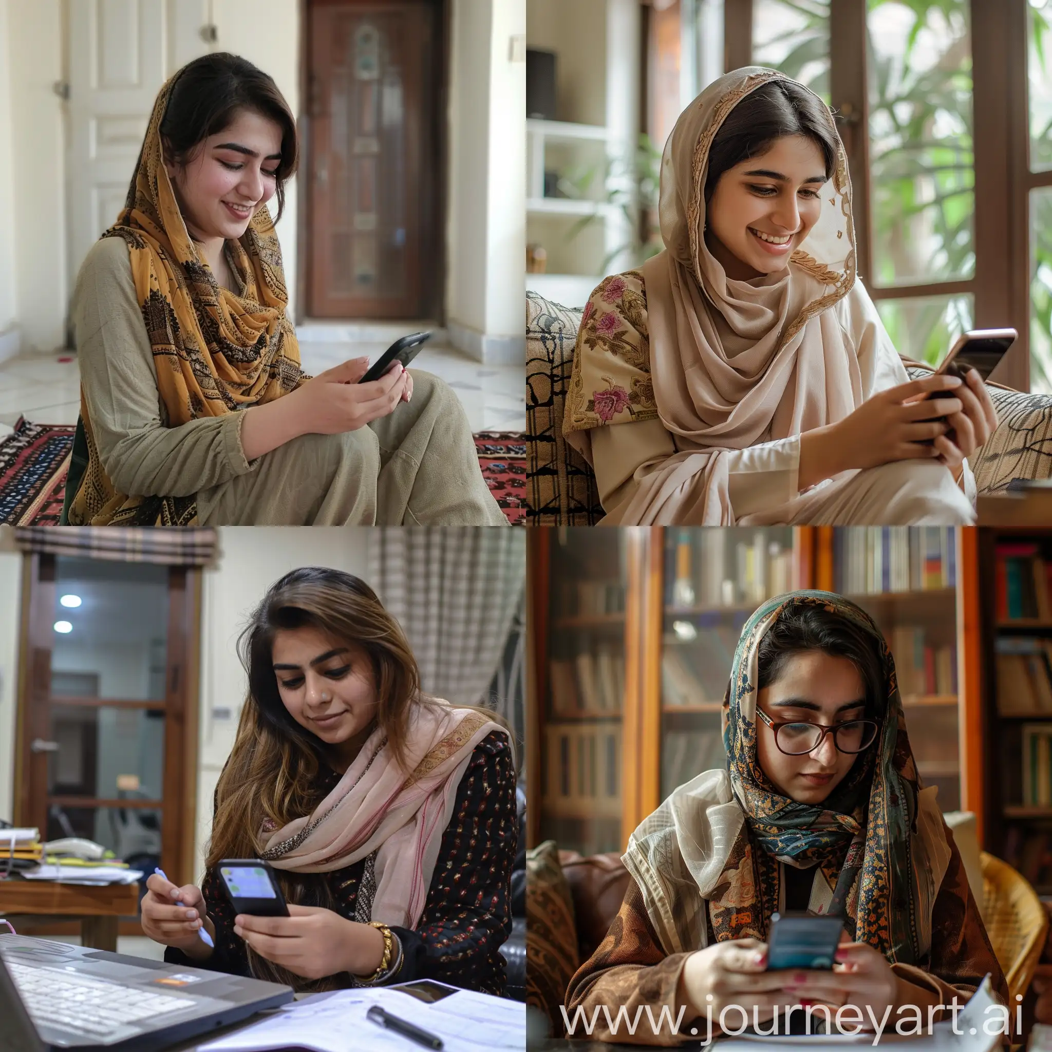 title image of make money online at home in which pakistani girl sitting at home working on mobile phone 