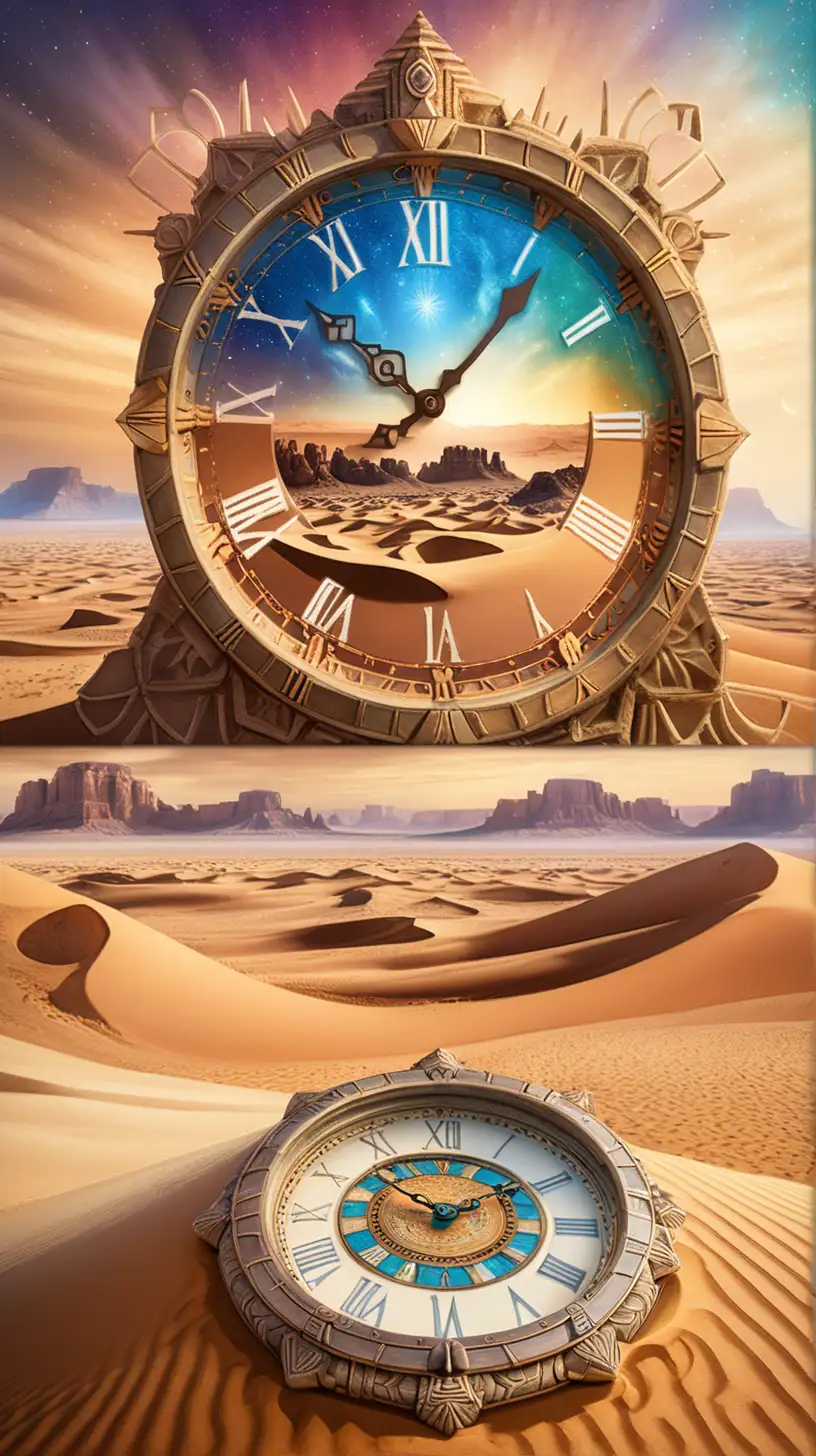 A vast desert with sands that shift in colors of time, ancient clocks half-buried, and a horizon that blends with a kaleidoscopic sky.