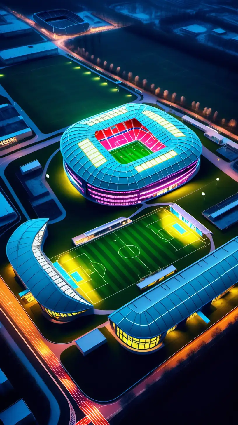a futuristic football campus with a stadium, a training center and the club office. Neons ambiance, seen from the sky