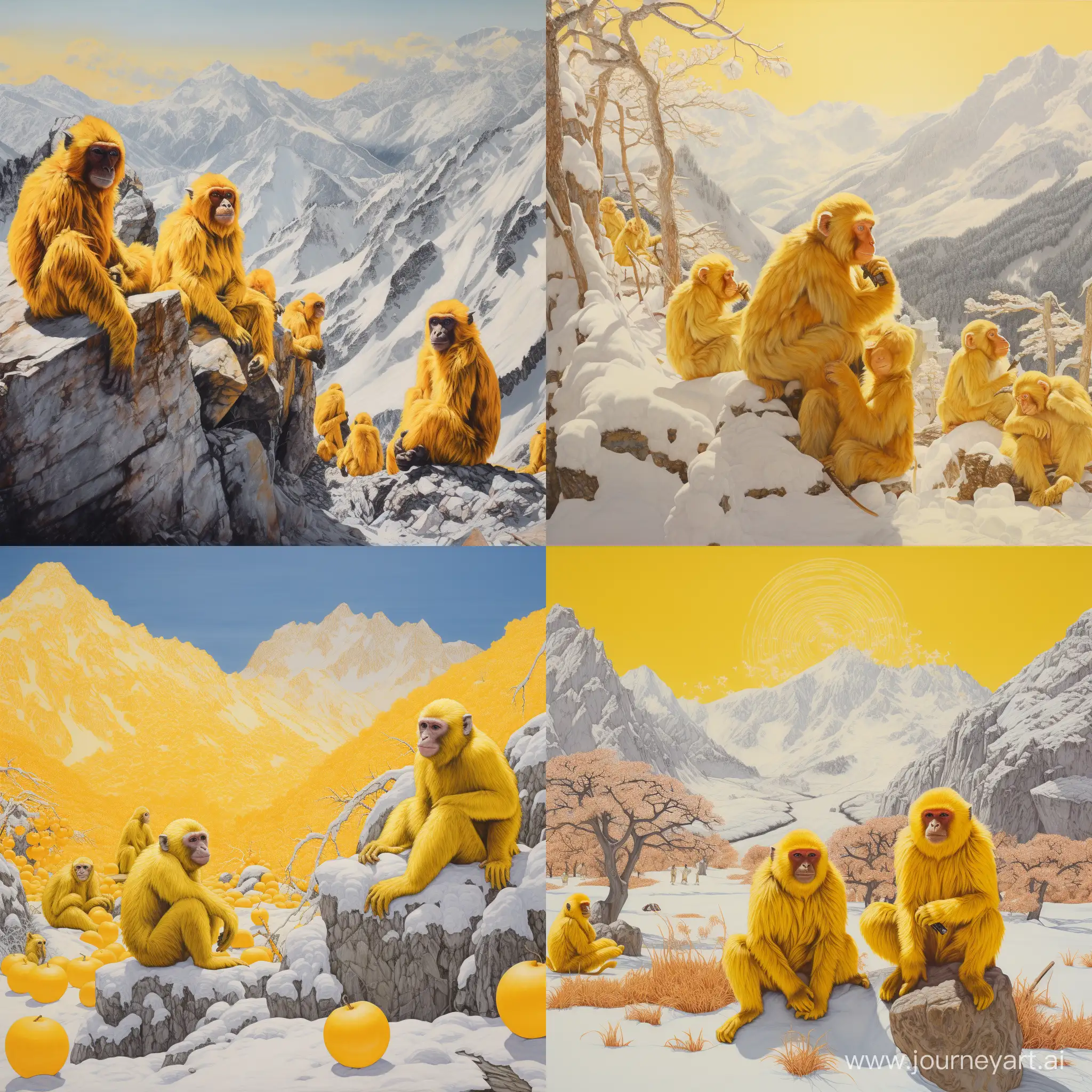 Playful-Yellow-Monkeys-Frolicking-in-Snowy-Mountain-Landscape