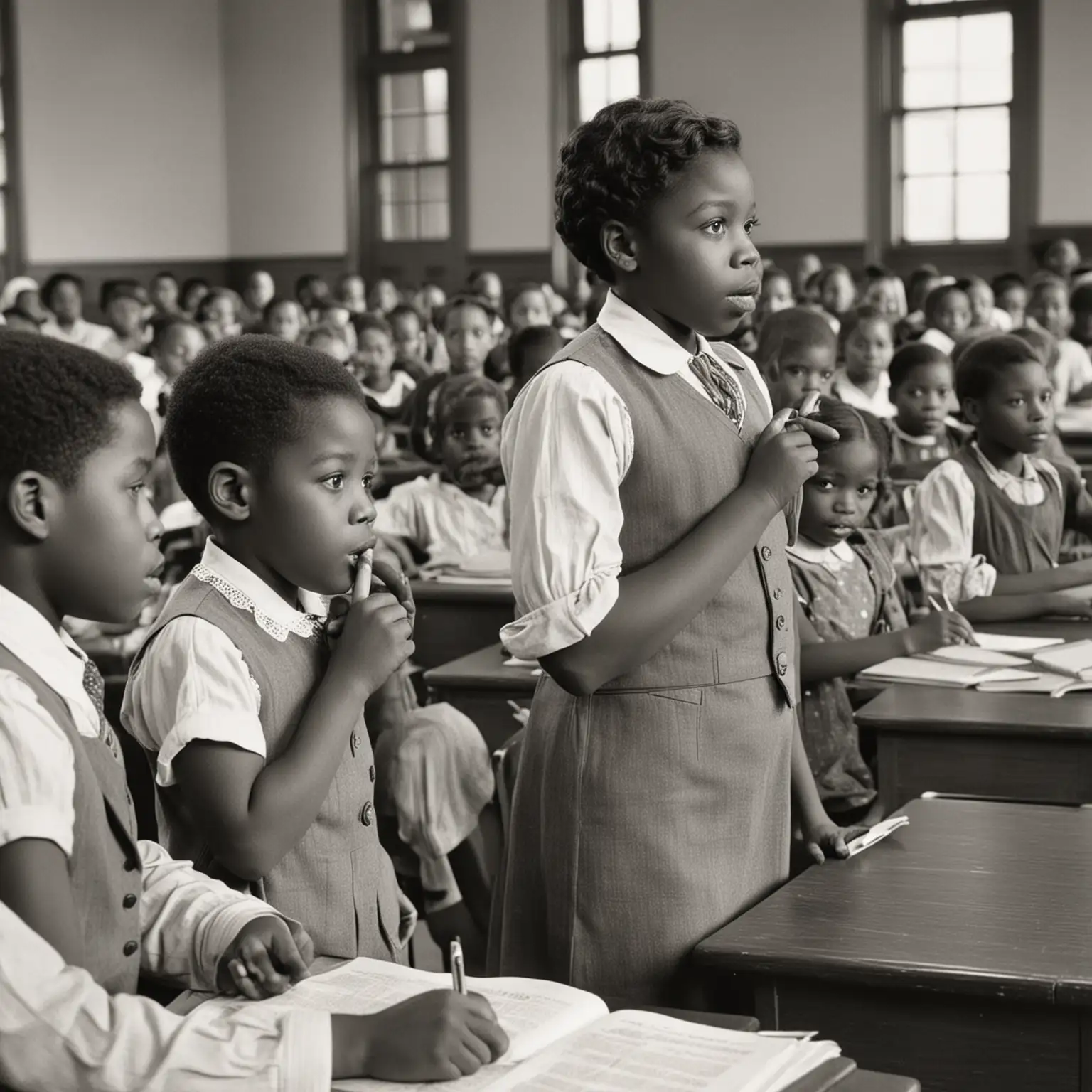 African-American children speaking in front of teachers, and spectators in classroom, 1930