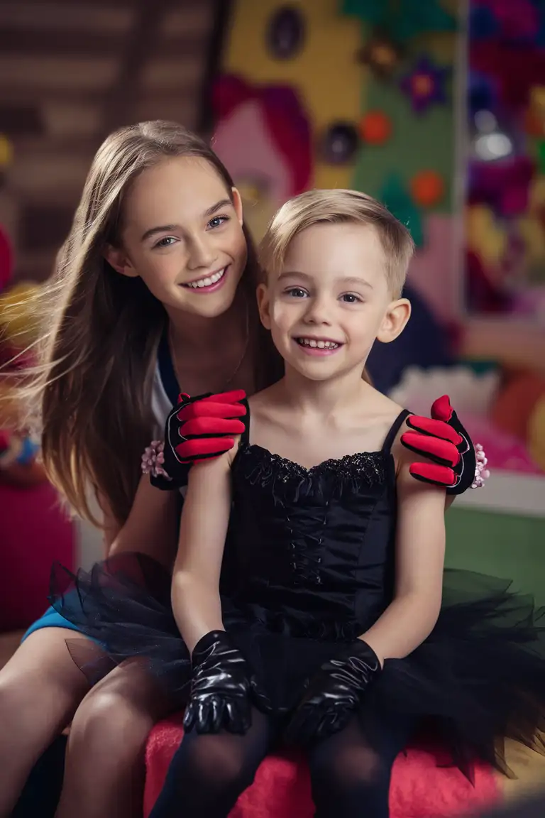 ((Gender role-reversal)), colourful Photograph, a teenaged girl with long hair is babysitting her brother, a little 7-year-old boy with short blonde hair, in her bedroom, the boy is letting his sister dress him up in a black goth ballerina dress and tights and gloves, for fun, cute smiles, adorable, perfect faces, perfect faces, clear faces, perfect eyes, perfect noses, smooth skin