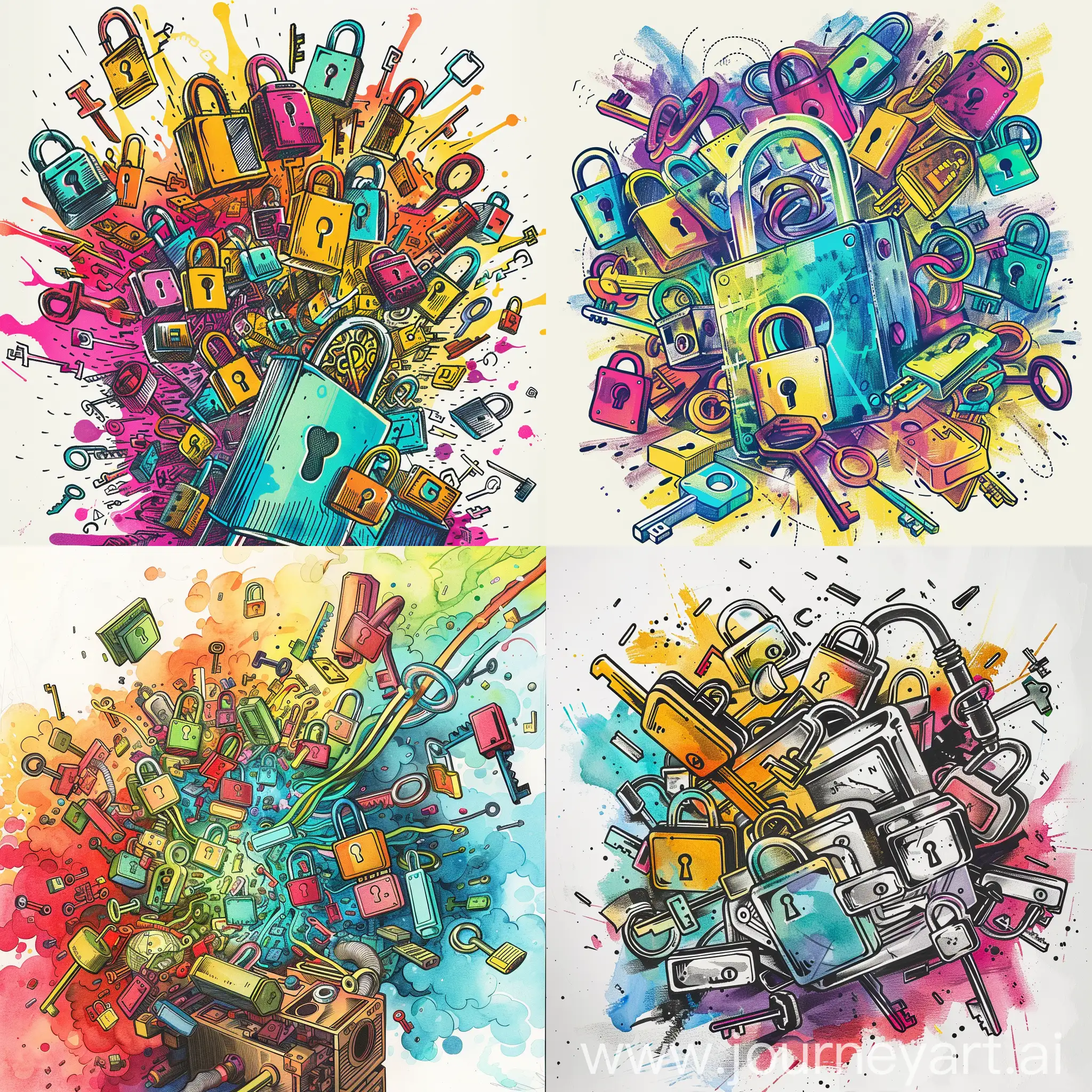 a colorful sketch drawing of a quantum computer bursting with padlocks and keys.