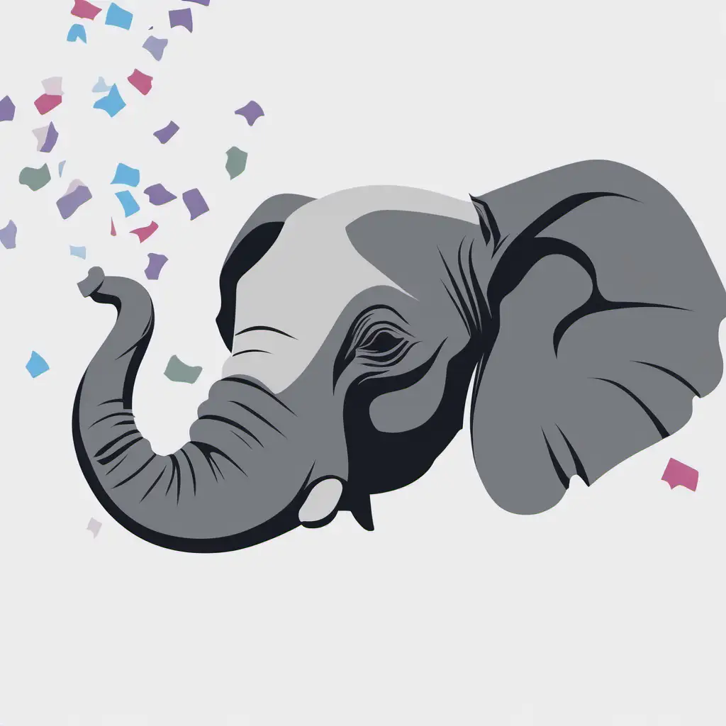 single color silhouette of elephant head, side profile, trunk up, small burst of confetti blowing out of trunk