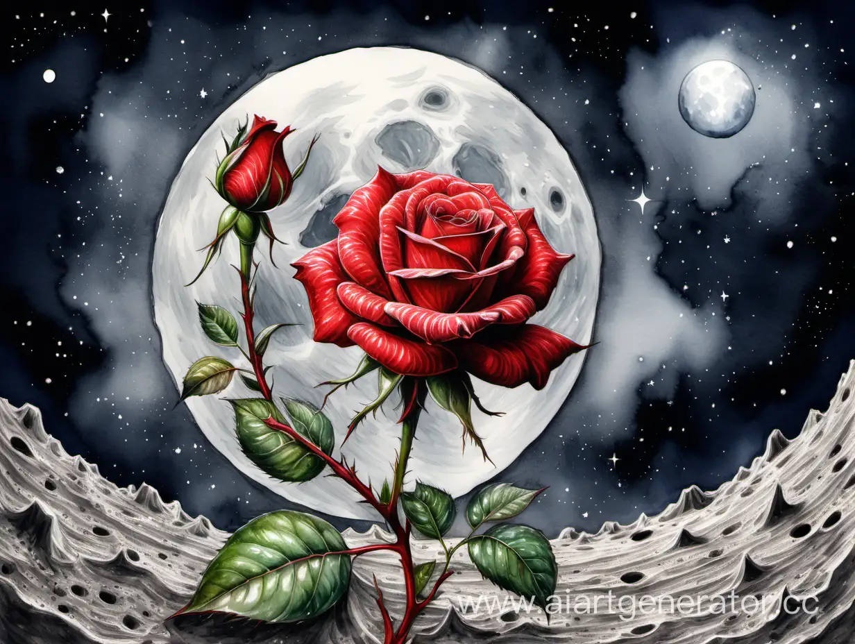 красивая красная роза растет на луне, детальная прорисовка, рисунок акварелью