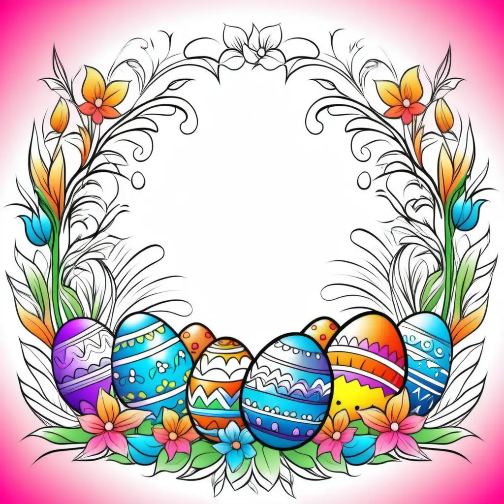 Create a bright colorful Easter image, with crisp lines, colorful background, for a coloring book 