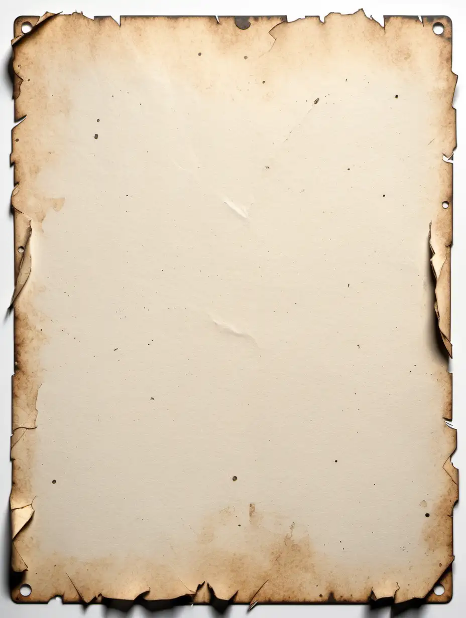 The back of a card for a board game. Weathered paper, edges slightly frayed and torn. White background.