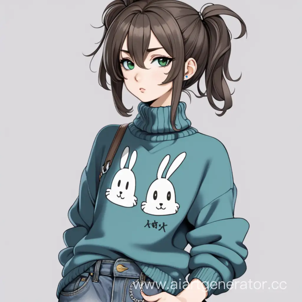 A girl, 170 cm tall, dark brown hair gathered in an untidy bun, which is held on an arrow-shaped hairpin, dark blue eyes, there is a tattoo on her chest, dressed in a gray turtleneck with a triangular neckline on her chest, and over it she wears a green striped sweater, blue short shorts with a chain on the side, white sneakers, has a short black hare tail, ordinary appearance, anime style