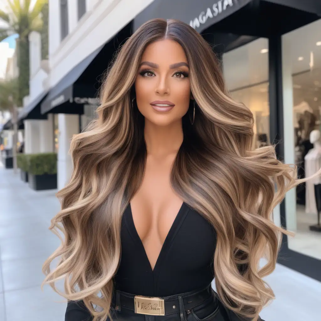 instagram photoshoot an influencer woman who is out on Rodeo Drive. She is wearing a long, voluminous, brunette, balayage, and seamless lace front wig.