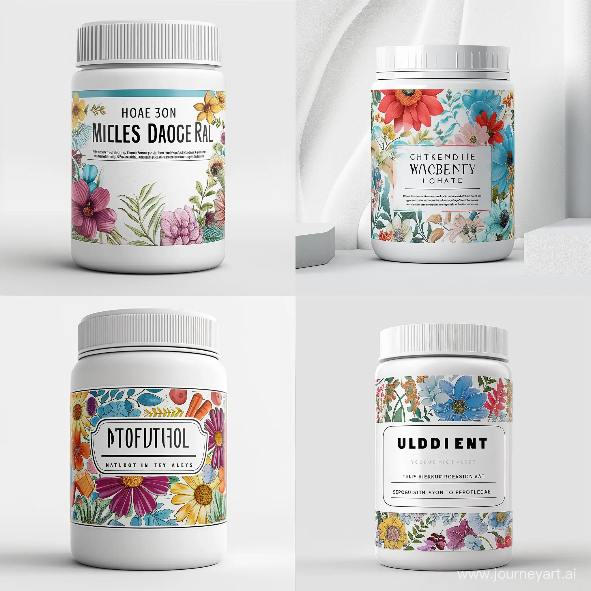 https://m.media-amazon.com/images/I/71rJFDTWxqL._AC_SX679_.jpg Nutritional supplements, a white jar with a flip-top lid on a white background, a label on the jar, a bright color label background, a large font on the label and floral ornamentr ::  photorealism 