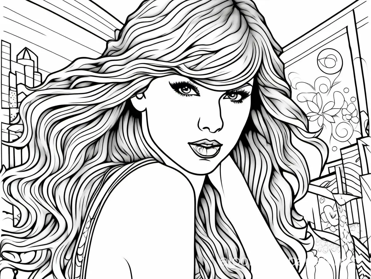 Taylor Swift, Coloring Page, black and white, line art, white background, Simplicity, Ample White Space. The background of the coloring page is plain white to make it easy for young children to color within the lines. The outlines of all the subjects are easy to distinguish, making it simple for kids to color without too much difficulty