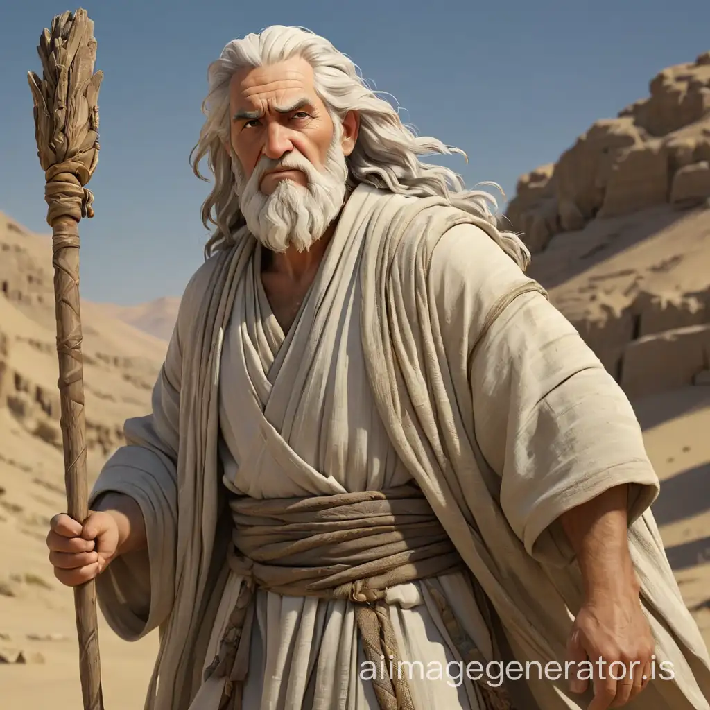 Animated Portrait of Aged Moses in Flowing Robes with Weathered Staff ...