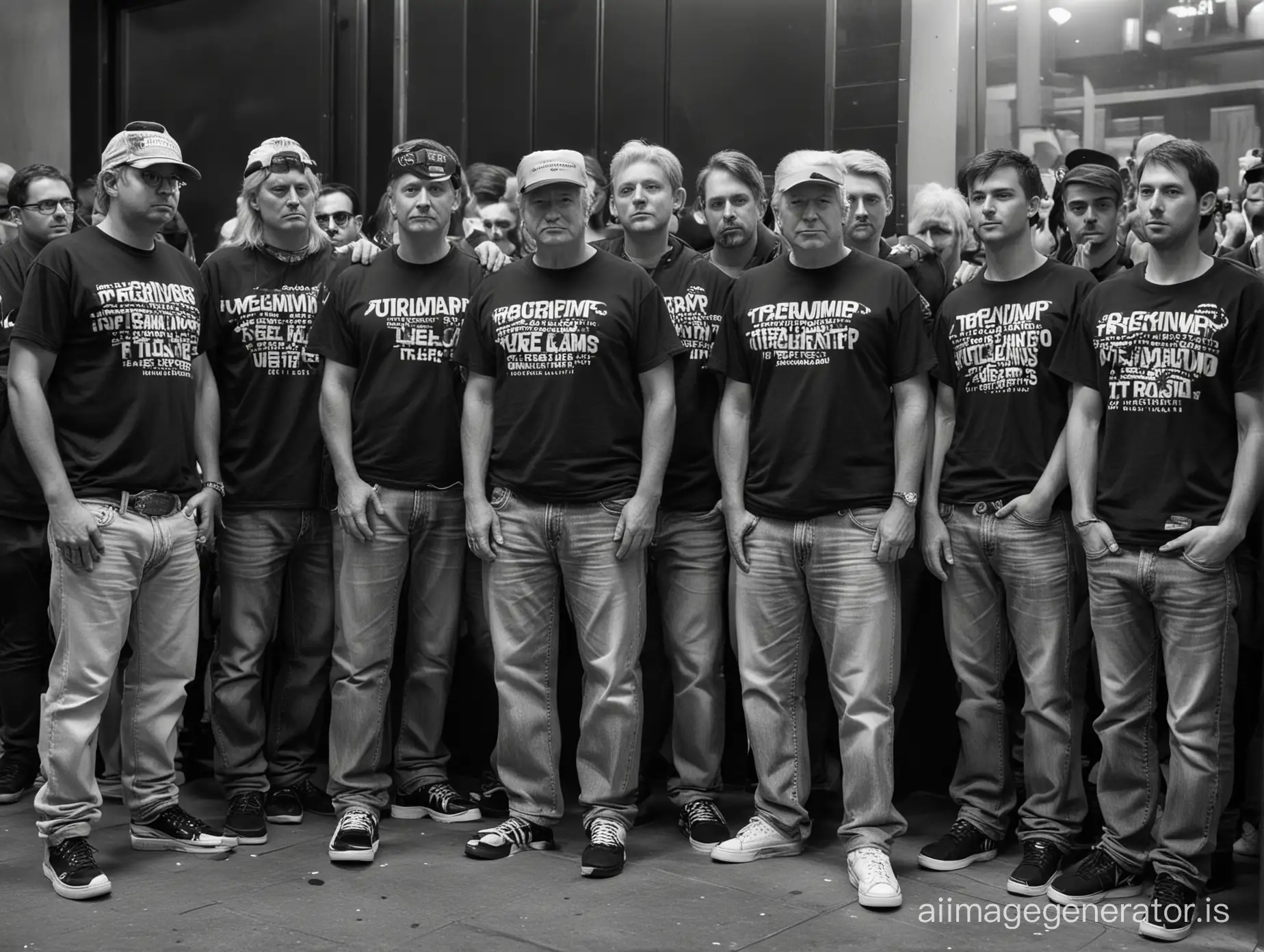 Donald Trump waiting in a Line outside a Techno Club for a Rave with T-Shirt and Jeans.
